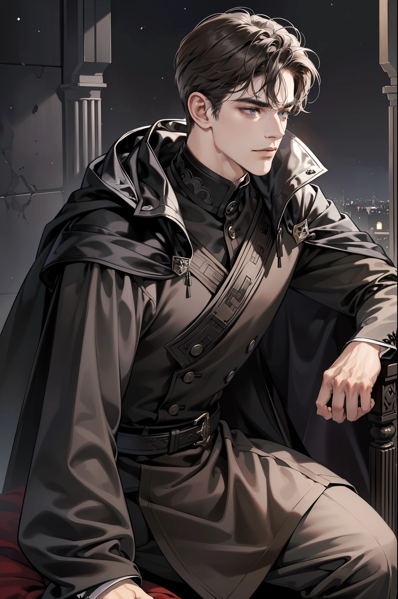 masterpiece, best quality, detailed face, realistic, 1man, mature male, handsome, 25 year old, closed mouth, portrait, extremely detailed face, cold and smirk, ((dark grey eyes)), ((short-right-swept dark brown hair)), [thick eyebrows], dark palace, ((long black cape)), ((all black)), (dark grey eyes), night sky, sitting