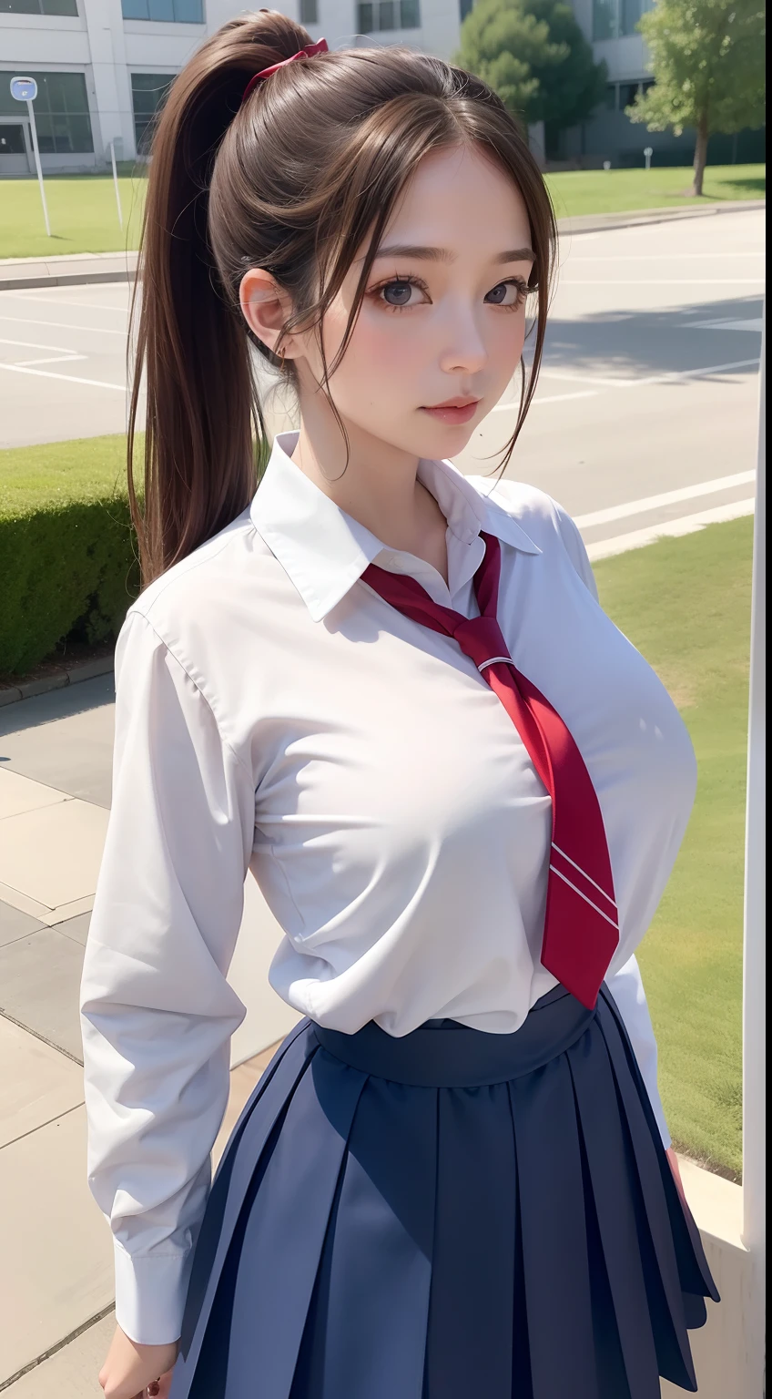 Masterpiece, best quality,8k,huge breast, brown hair,long hair,ponytail hair,white shirt long sleeves,blue skirt,red nektie,school uniform,standing,school roof