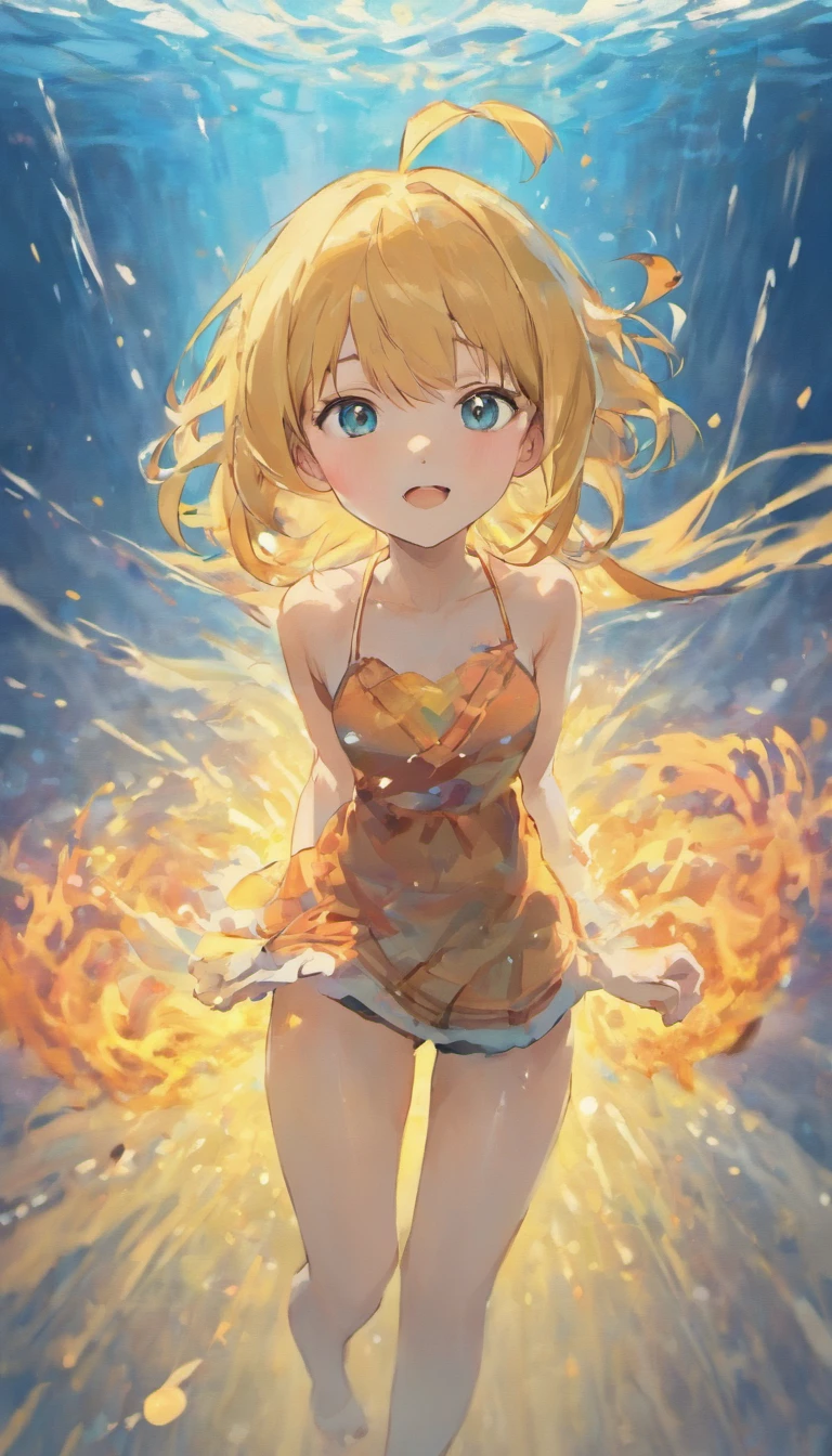 nsfw, large breasts, naked, nipple, nude, sea, Highway、 flooded、 running、　Building FIRE、 Heavy snowfall ,, blonde hair, red eyes, hairband, short hair, 16years old