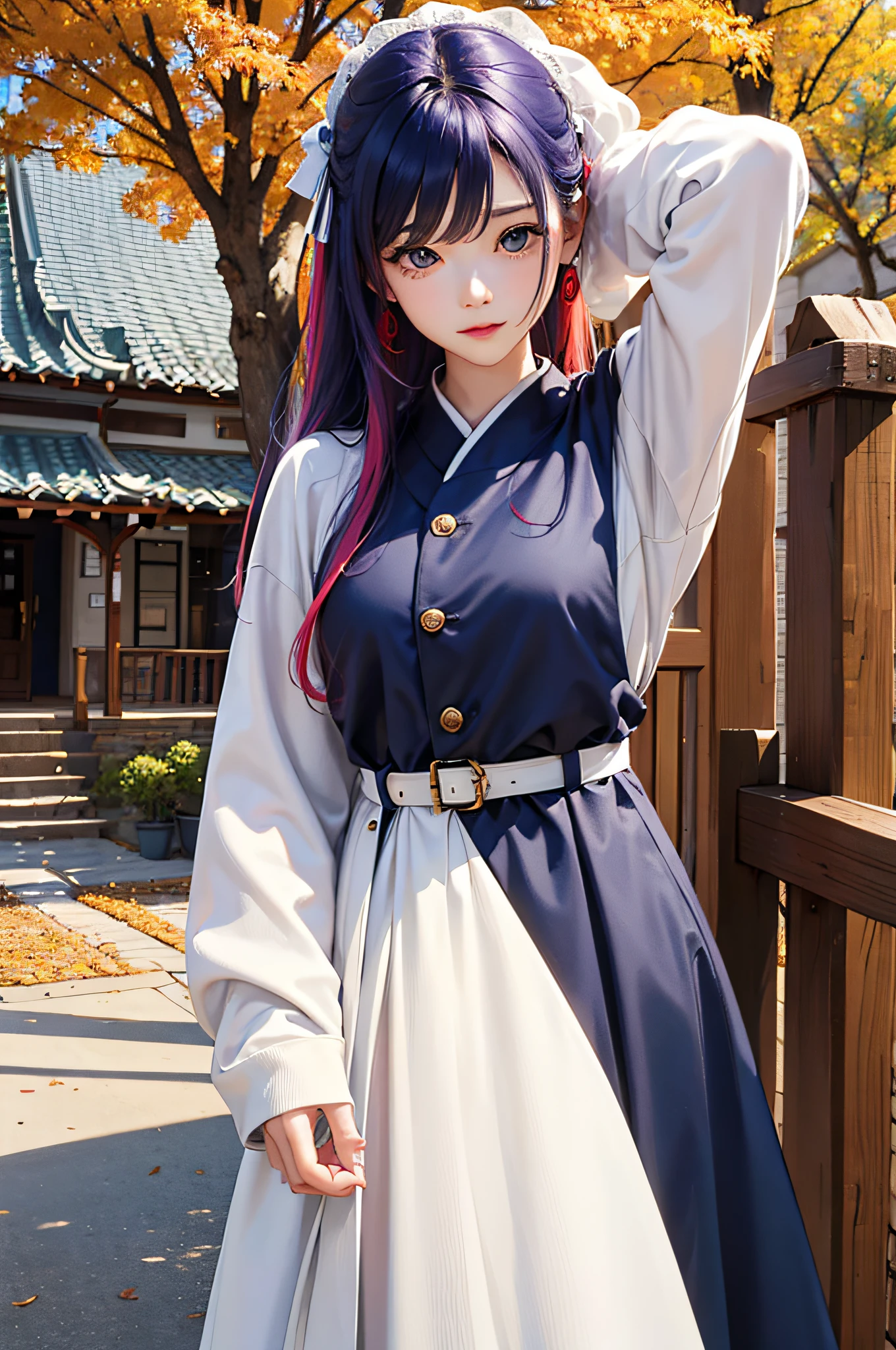 masterpiece、top-quality、Autumn costume、colourful hair、outside of house、Magazine covers、The upper part of the body、