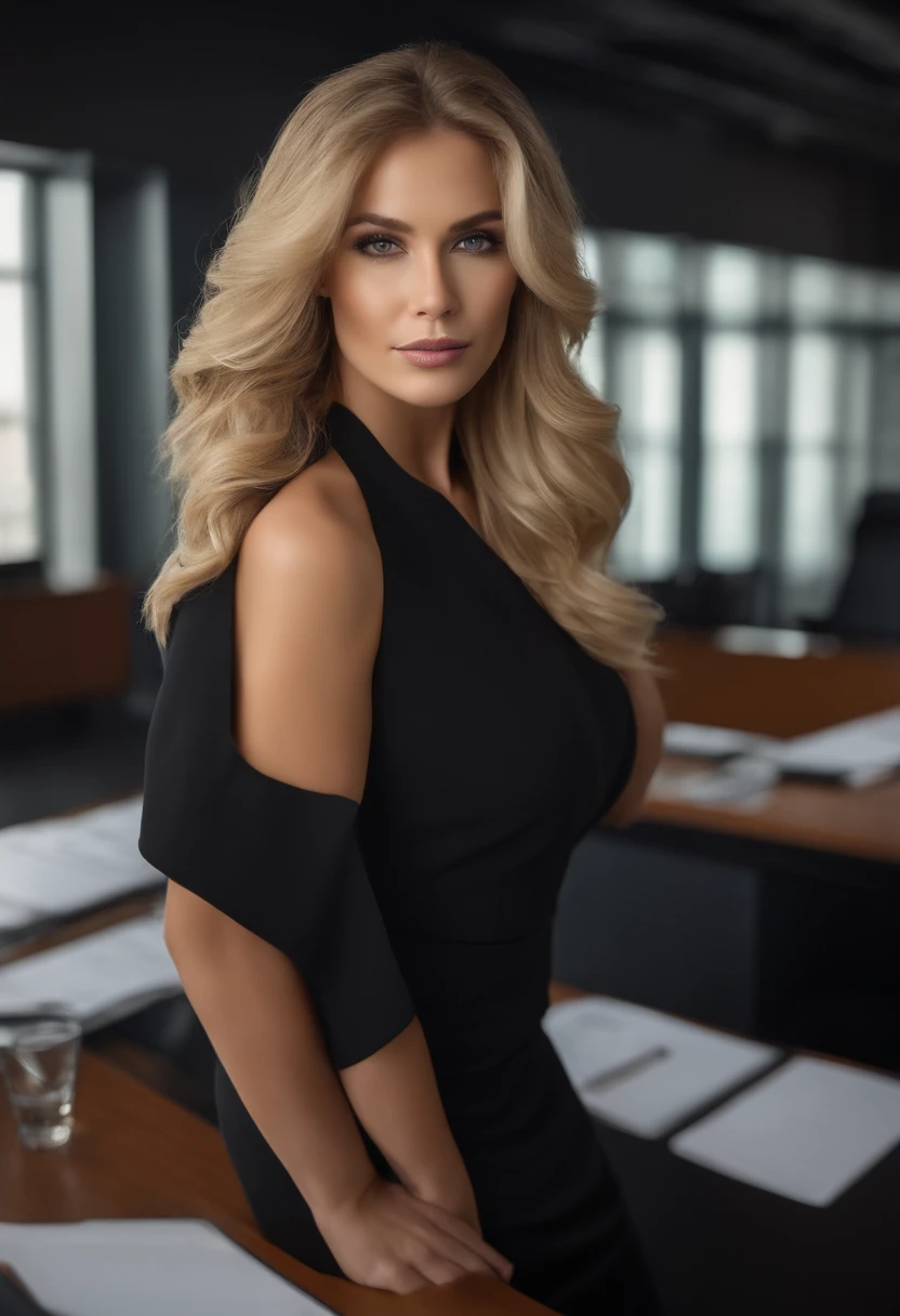 professional, (4k photo:1.1), high detail, wearing black business dress, beautiful detailed face, hazel eyes, not too long blonde hair, body shape, office board room with desk, windows