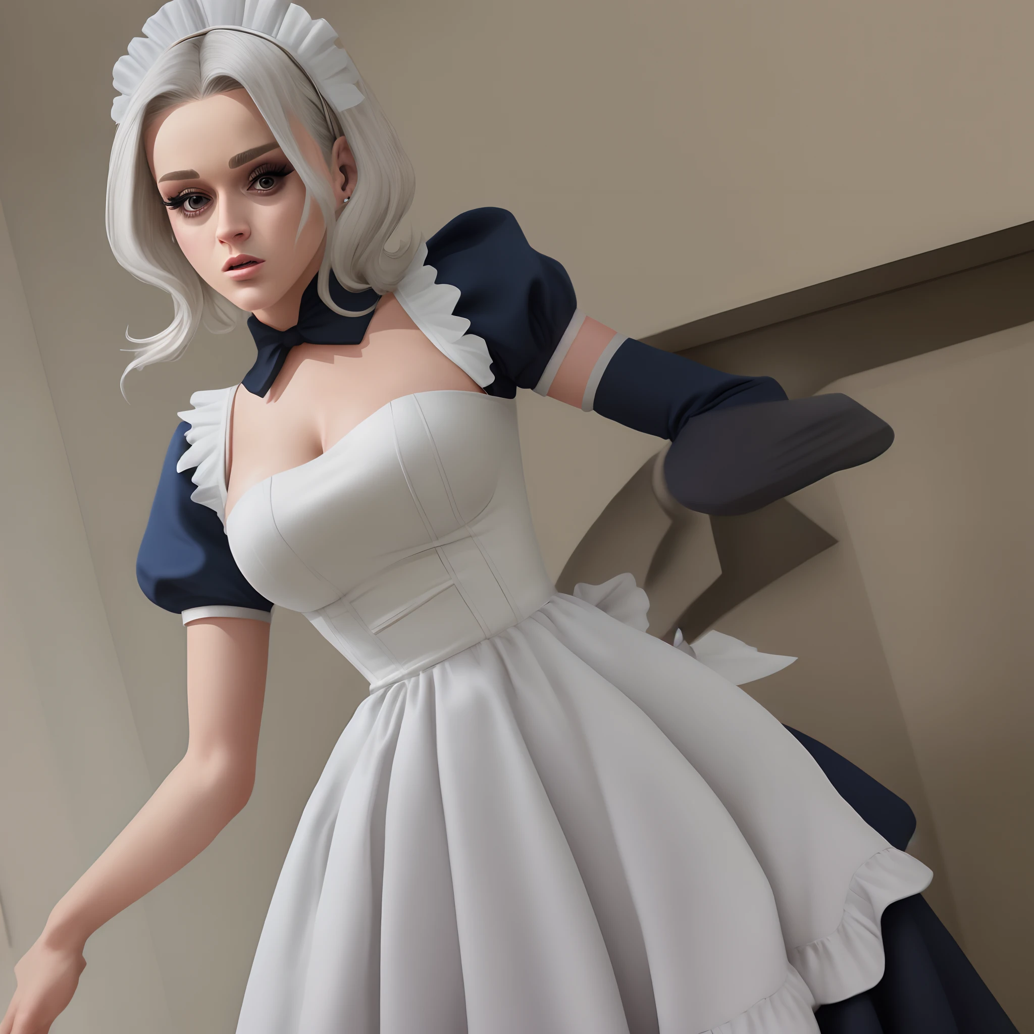 Katy Perry, vestido de sirvienta, maid, pelo recogido