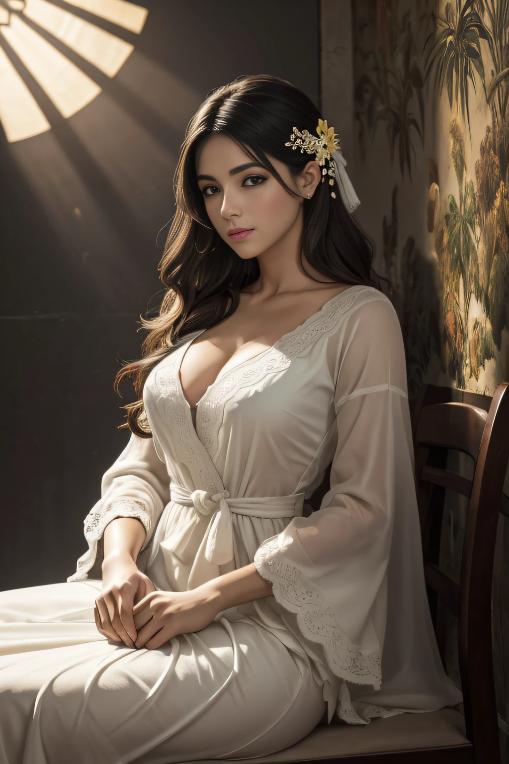 (Foto RAW, melhor qualidade), (realista, fotorrealista: 1,3), melhor qualidade, altamente detalhado, obra-prima, ultra detalhado, illustration, Uma garota , parte superior do corpo, dinamic angle, obra-prima mundial, messy long hair, melhor qualidade, extremamente detalhado Unidade de papel de parede 8k , pintura, Awesome, cinematic lighthing, reflexo de lente,
roupa estilo oriental , luxuosa , epoch , nobreza , intimate , fundo parede de pedras antigas , castelo da nobreza ,