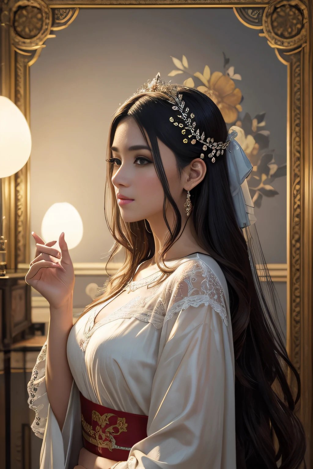 (Foto RAW, melhor qualidade), (realista, fotorrealista: 1,3), melhor qualidade, altamente detalhado, obra-prima, ultra detalhado, illustration, Uma garota , parte superior do corpo, dinamic angle, obra-prima mundial, messy long hair, melhor qualidade, extremamente detalhado Unidade de papel de parede 8k , pintura, Awesome, cinematic lighthing, reflexo de lente,
roupa estilo oriental , luxuosa , epoch , nobreza , intimate , fundo parede de pedras antigas , castelo da nobreza ,