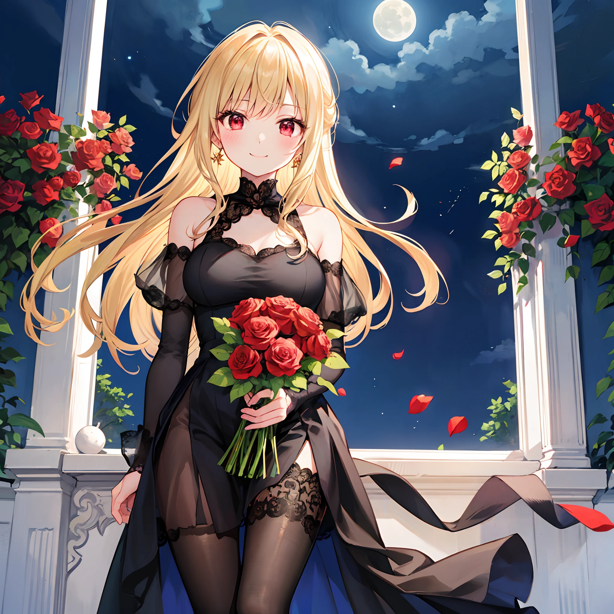 a blond、Longhaire、red eyes、Beautiful girl alone、Black dress、off shoulders、a moon、natta、Rose Garden、Bouquet of roses、a smile