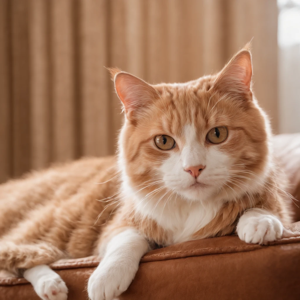 Gato, CRIE UMA FOTO DE um gato lindo e fofo EM CIMA DE UM pequeno sofa PET DE LUXO EM UM ESTUDIO FOTOGRAFICO FUNDO bege, com coleira em couro marrom com pingente em diamante,, master part, best quality, extremamente detalhado, Cinematic lighting, Pelos e olhos detalhados, 8k, Realistic, Premiado, fotografia