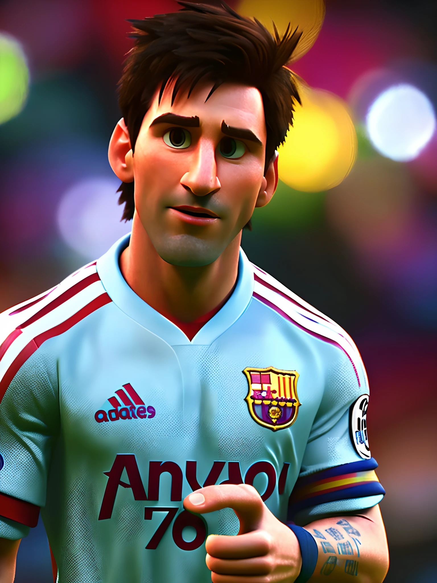 Lionel Messi, (pixar style) (masterpiece:1.2) (bokeh) (best quality) (detailed skin) (detailed texture) (8k) (claymation) (cinematic lighting) (sharp focus