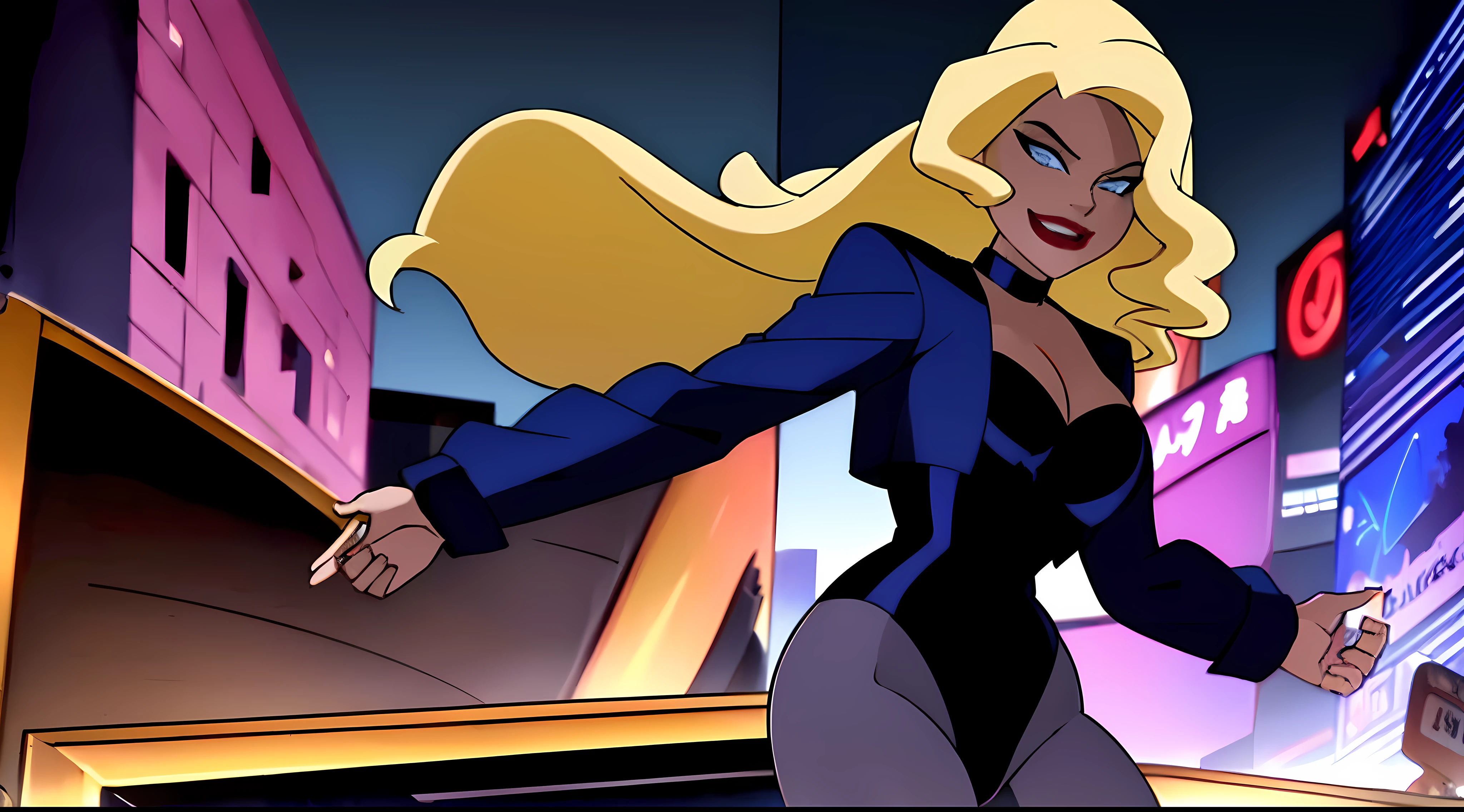 ((masterpiece,best quality)), absurdres, Black_Canary_JLU, solo, smiling, looking at viewer, cowboy shot, night sky and city in background, cinematic composition, dynamic pose,