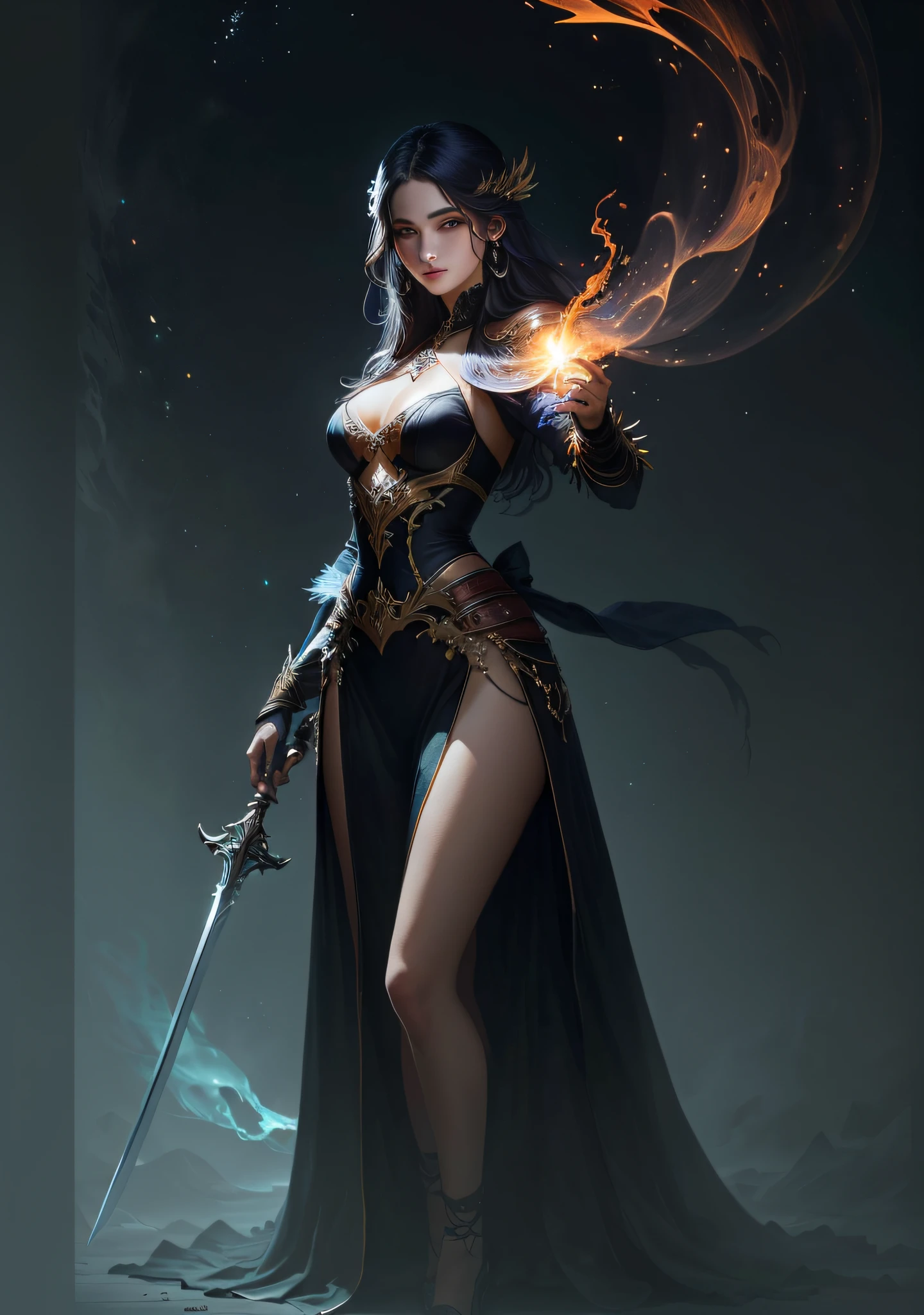 uma mulher em um vestido preto segurando uma espada e uma esfera brilhante, por Yang J, epic exquisite character art, estilo de arte de fantasia, arte de estilo fantasia escura, arte de personagem impressionante, epic fantasy HD art style, Epic Fantasy Digital Art Style, arte fantasia behance, mulher da fantasia, epic mage girl character, Epic fantasy art style, arte estilo fantasia, arte do personagem de fantasia