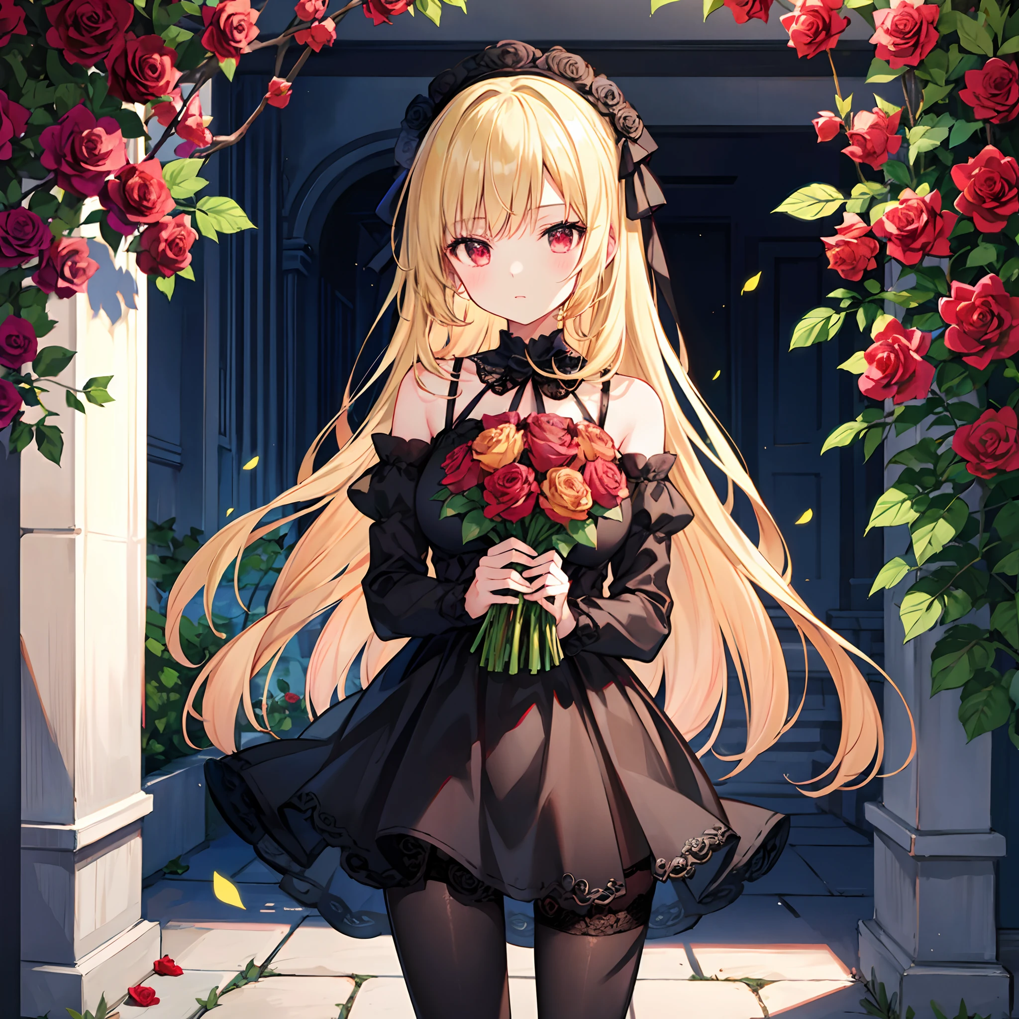 Wavy blonde、red eyes、Beautiful girl alone、Black fluffy dress、off shoulders、a miniskirt、rose garden、Black tights、Bouquet of roses