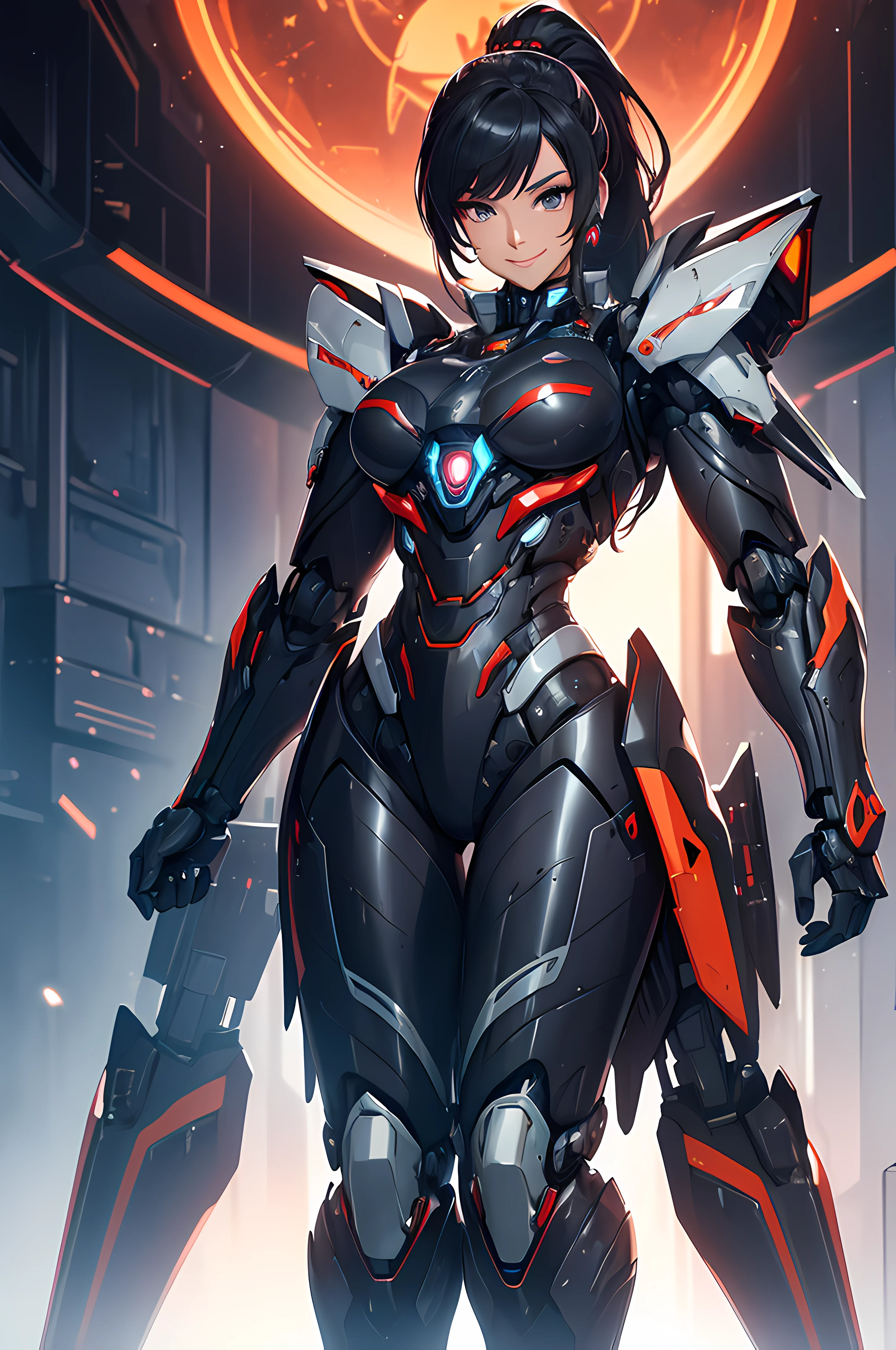 A beautiful Women, ( Queen), ((sci-fi, body armor, futuristic, full body frame, smile, mecha suit )), royal, beautiful face, black color hair, ponytail hairstyle, red details