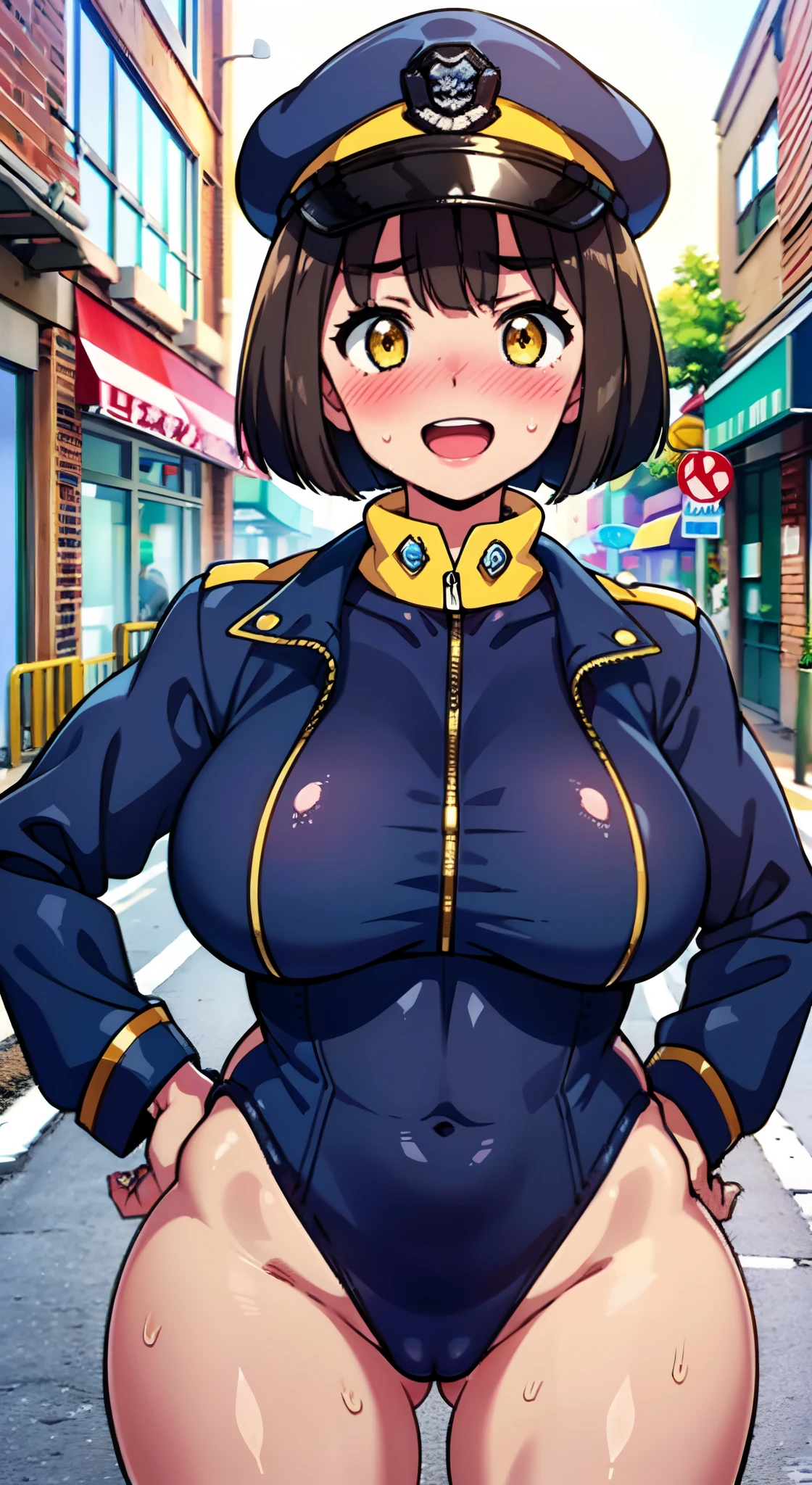 (Perfect body),Best Quality,(8K Portrait),(Official art)、NSFW、(((muscular)))、(Police Hat)、embarrassed from、1girl in,(:D)、showing teeth、((thick thighs))、 ((Surprised))、(((blush))),(Sweat),((((large udder))))、(big butts)、(Dark hair),((bob cuts)),Short hair, (Yellow eyes),((Navy blue jacket))、((Navy blue leotard))、(Right-handed salute)、(Left hand on hip)、(((In the street)))