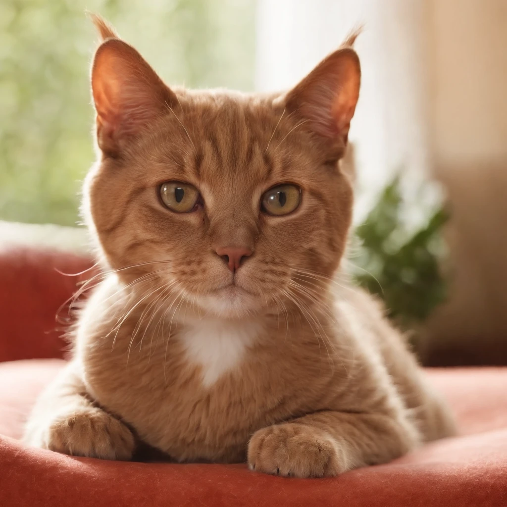 Gato, CRIE UMA FOTO DE um gato lindo e fofo EM CIMA DE UM pequeno sofa PET DE LUXO EM UM ESTUDIO FOTOGRAFICO FUNDO bege, com coleira em couro marrom: 1.6, com pingente em diamante: 1.5, master part, best quality, extremamente detalhado, Cinematic lighting, Pelos e olhos detalhados, 8k, Realistic, Premiado, fotografia