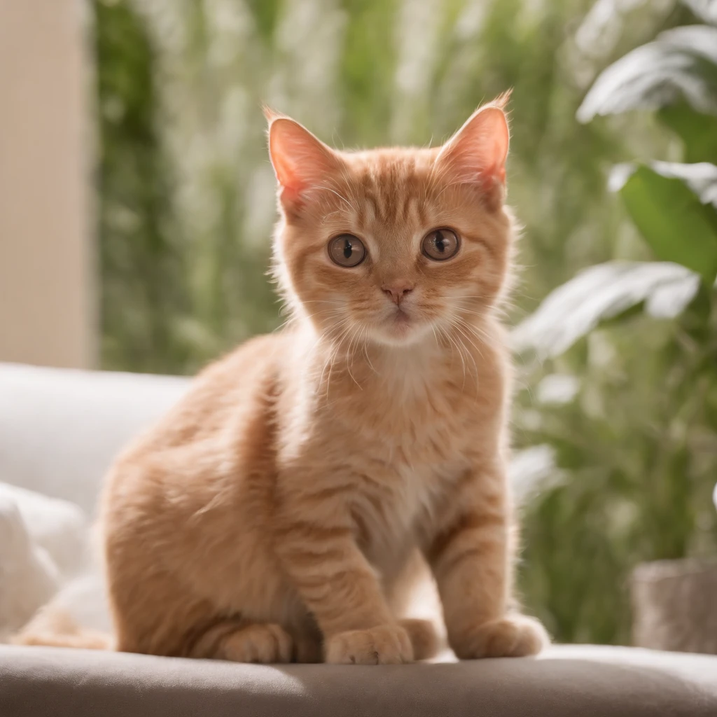 Gato, CRIE UMA FOTO DE um  gato lindo e fofo EM CIMA DE UM pequeno sofa PET DE LUXO EM UM ESTUDIO FOTOGRAFICO FUNDO  bege, com coleira em couro marrom: 1.6, com pingente em diamante: 1.5, master part, best quality, extremamente detalhado, Cinematic lighting, Pelos e olhos detalhados, 8k, Realistic, Premiado, fotografia