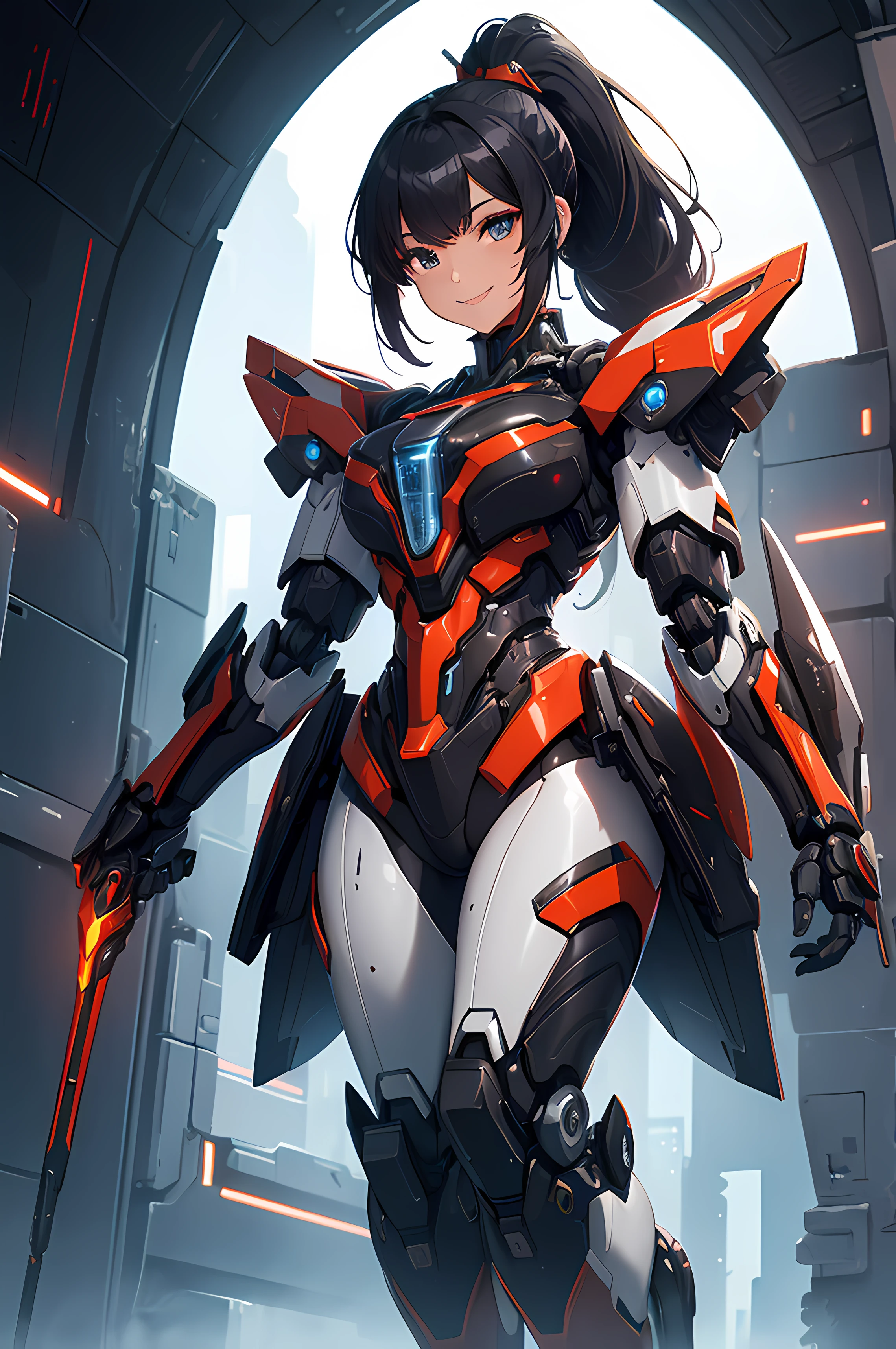 A beautiful Women, ( Queen), ((sci-fi, body armor, futuristic, full body frame, smile, mecha suit )), royal, beautiful face, black color hair, ponytail hairstyle, red  details