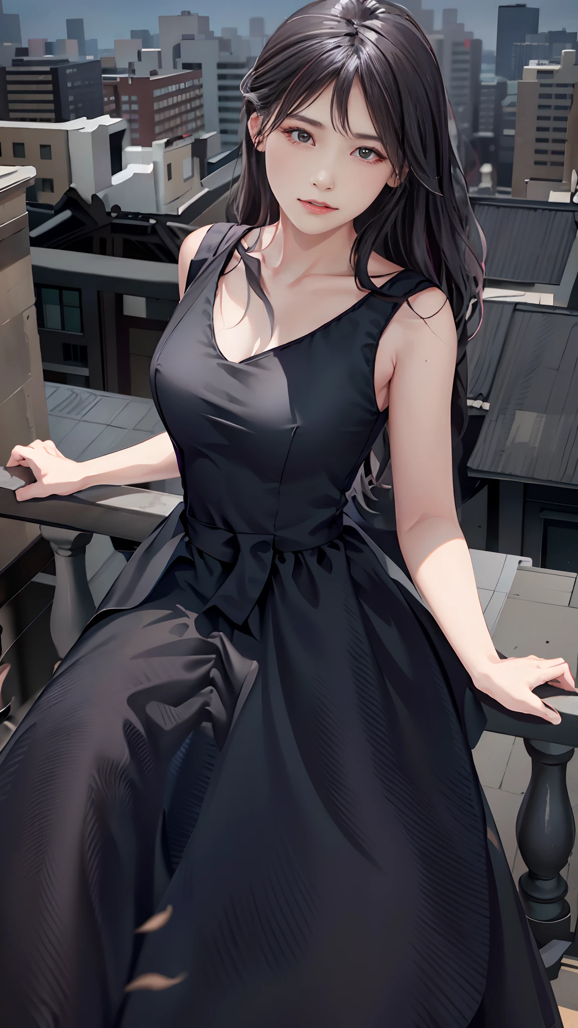 a woman in a black dress standing on a balcony, she is wearing a black dress, wearing an elegant dress, in a rooftop, an elegant woman in black dress, on a rooftop, wearing black camisole outfit, opened dress, on rooftop, wearing a black dress, wearing black dress, long dress, with a thin waist, wearing a long dress