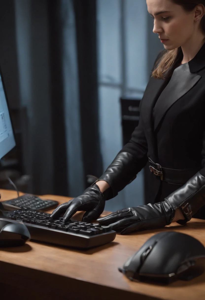 A woman wearing black leather gloves in both hands, upper body, black business suit, facing the desk in her room with a computer in the dark, tapping the keys of the computer keyboard with the fingertips of black leather gloves while looking at the screen (black leather gloves cover both hands) (angle is in the front) (close-up of both hands of women in black leather gloves tapping the keyboard