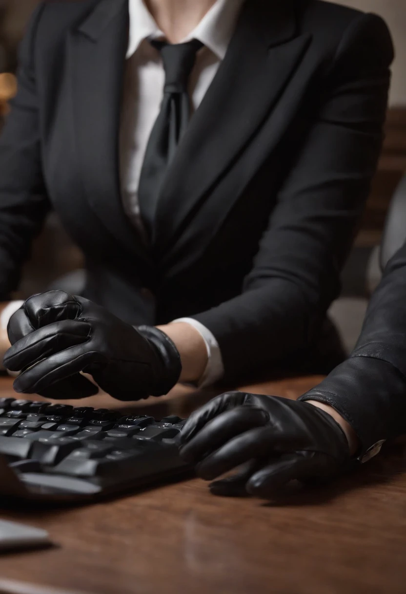 A woman wearing black leather gloves in both hands, upper body, black business suit, facing the desk in her room with a computer in the dark, tapping the keys of the computer keyboard with the fingertips of black leather gloves while looking at the screen (black leather gloves cover both hands) (angle is in the front) (close-up of both hands of women in black leather gloves tapping the keyboard