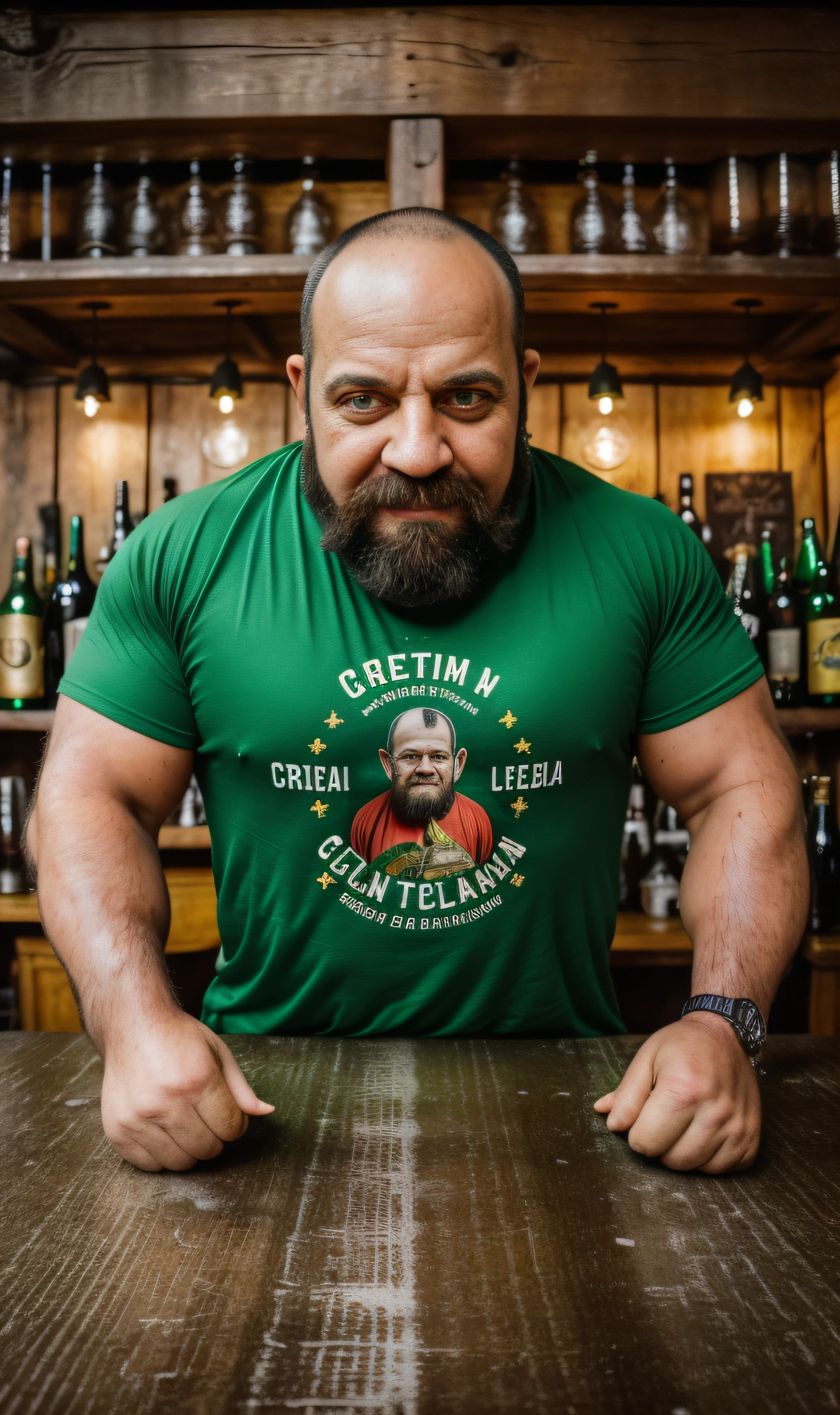 obra prima, fotografia real de cris123, A big, strong man with a shaved head, green eyes and sitting at a rustic bar table IN Dublin in Ireland, com uma caneca de madeira com cerveja. Conversando com um Leprechaun. Cinematic