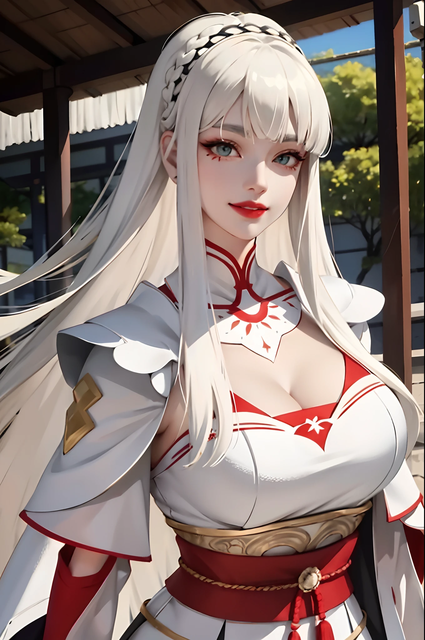 (masterpiece:1.2, best quality), (real picture, intricate details), 1lady, solo, upper body, casual, long hair, heavy makeup, white face painted, painted white face, red lipstick, red eyeshadow, natural fabrics, close-up face, smiling, smile, warrior, female warrior, armour, female warrior armour, Japanese armour, japanese warrior clothing, really long light platinum blonde hair, bangs, platinum blonde voluminous hair, green eyes, big breasts, big tits, bangs on forehead, Korean bangs, cute bangs, mature face, 1adult, 1 female, 1 woman