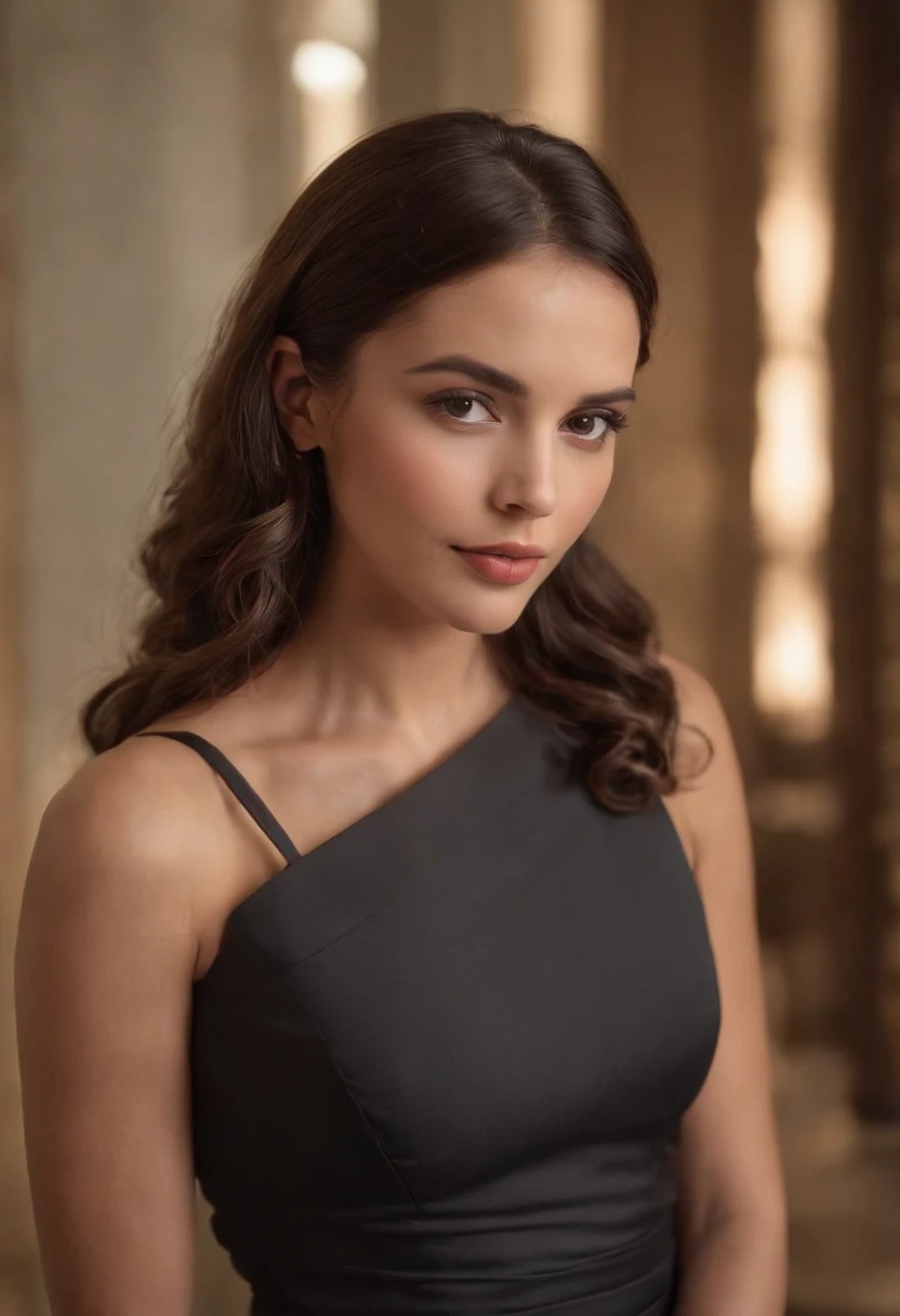 Foto de Samanta Wise. Foto cuerpo completo, ultra realista, Un retrato de una mujer latina. Una mujer de negocios con traje sexy y minifalda negra. dark skin, Empoderamiento femenino, Una mujer vestida con un traje de negocios, escotado,  parada frente a la gente, Mujer de negocios atractiva y joven, Brown and wavy hair, en el estilo de emocionalmente complejo, Una hermosa mujer de negocios.