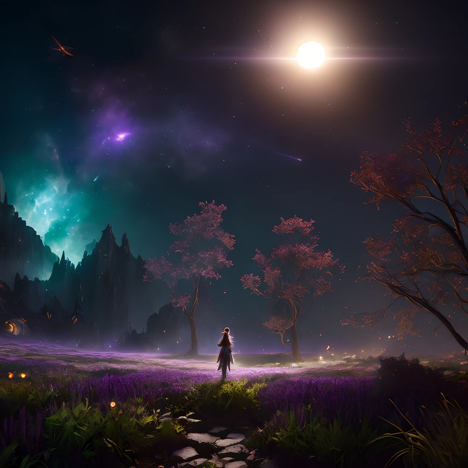 expansive landscape photograph , (a view from below that shows sky above and open field below), a girl standing on flower field looking up, (full moon:1.2), ( shooting stars:0.9), (nebula:1.3), distant mountain, tree BREAK
production art, (warm light source:1.2), (Firefly:1.2), lamp, lot of purple and orange, intricate details, volumetric lighting, realism BREAK
(masterpiece:1.2), (best quality), 4k, ultra-detailed, (dynamic composition:1.4), highly detailed, colorful details,( iridescent colors:1.2), (glowing lighting, atmospheric lighting), dreamy, magical, (solo:1.2)