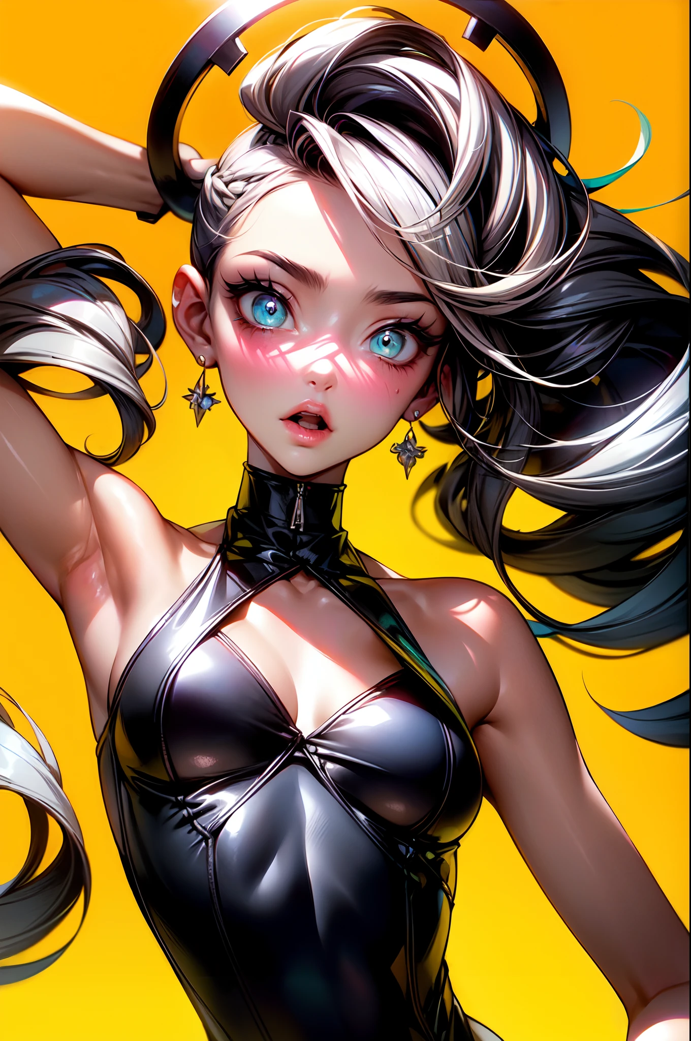 masterpiece, anime style, ((anime screencap)), best quality, beautiful lighting, professional lighting,
nanakusa nazuna, 1girl, bangs, black background, black jacket, black shirt, black shorts, blue eyes, blunt bangs, breasts, cleavage cutout, clothing cutout, crop top, eyeshadow, fangs, gradient hair, grey hair, hair rings, jacket, light purple hair, looking at viewer, makeup, multicolored hair, navel, open mouth, red eyeshadow, shirt, shorts, sleeveless, sleeveless turtleneck, sleeveless turtleneck crop top, small breasts, solo, stomach, turtleneck, turtleneck crop top, two-tone hair, vampire <lora:nanakusa_nazuna_offset:1>