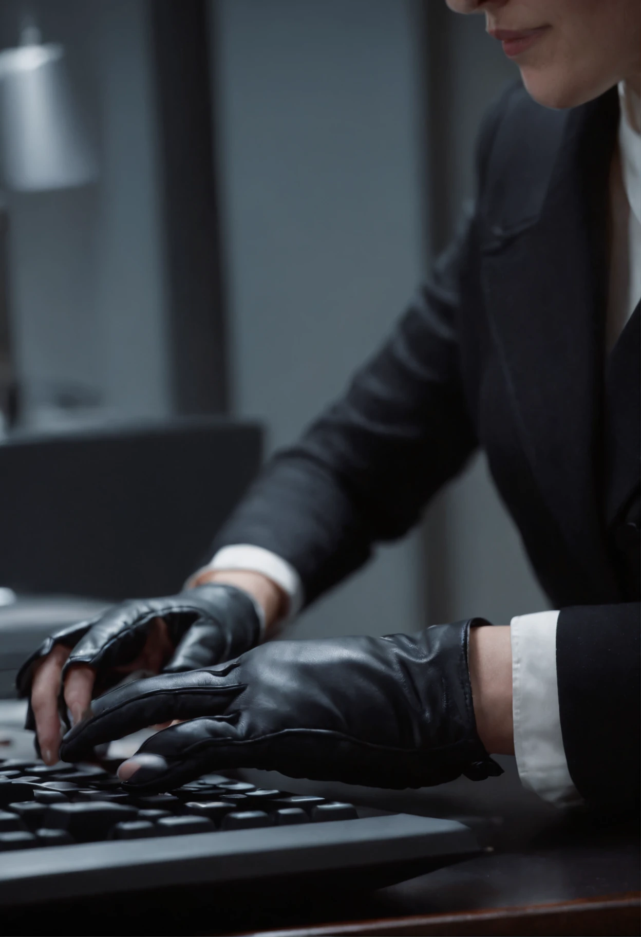 A woman wearing black leather gloves in both hands, upper body, black business suit, facing the desk in her room with a computer in the dark, tapping the keys of the computer keyboard with the fingertips of black leather gloves while looking at the screen (black leather gloves cover both hands) (angle is in the front) (close-up of both hands of women in black leather gloves tapping the keyboard