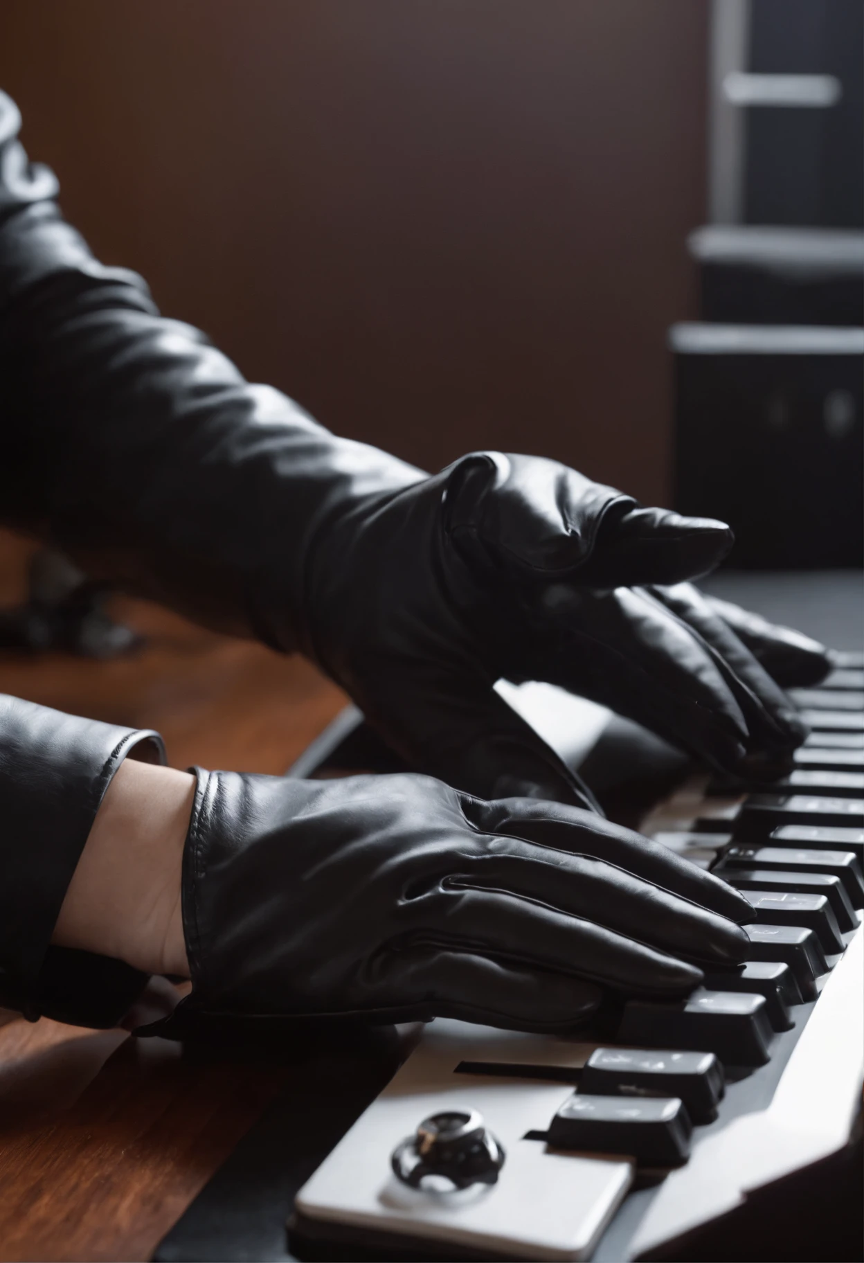 A woman wearing black leather gloves in both hands, upper body, black business suit, facing the desk in her room with a computer in the dark, tapping the keys of the computer keyboard with the fingertips of black leather gloves while looking at the screen (black leather gloves cover both hands) (angle is in the front) (close-up of both hands of women in black leather gloves tapping the keyboard