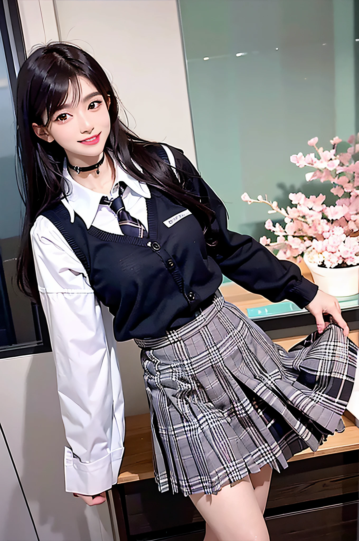 masterpiece, best quality, full body, 1girl, bangs, black choker, black necktie, black hair, blue skirt, blush, bracelet, breasts, choker, clothes around waist, collarbone, collared shirt, cowboy shot, dress shirt, ear piercing, eyebrows visible through hair, gradient hair, grin, gyaru, jewelry, kogal, long hair, looking at viewer, loose necktie, necktie, piercing, plaid, plaid skirt, pleated skirt, red eyes, ring, school uniform, shirt, skirt, smile, solo, white shirt, street, sky, cherry blossoms, petals,illustration, (magazine:1.3), (cover-style:1.3), fashionable, woman, vibrant, outfit, posing, front, colorful, dynamic, background, elements, confident, expression, holding, statement, accessory, majestic, coiled, around, touch, scene, text, cover, bold, attention-grabbing, title, stylish, font, catchy, headline, larger, striking, modern, trendy, focus, fashion,