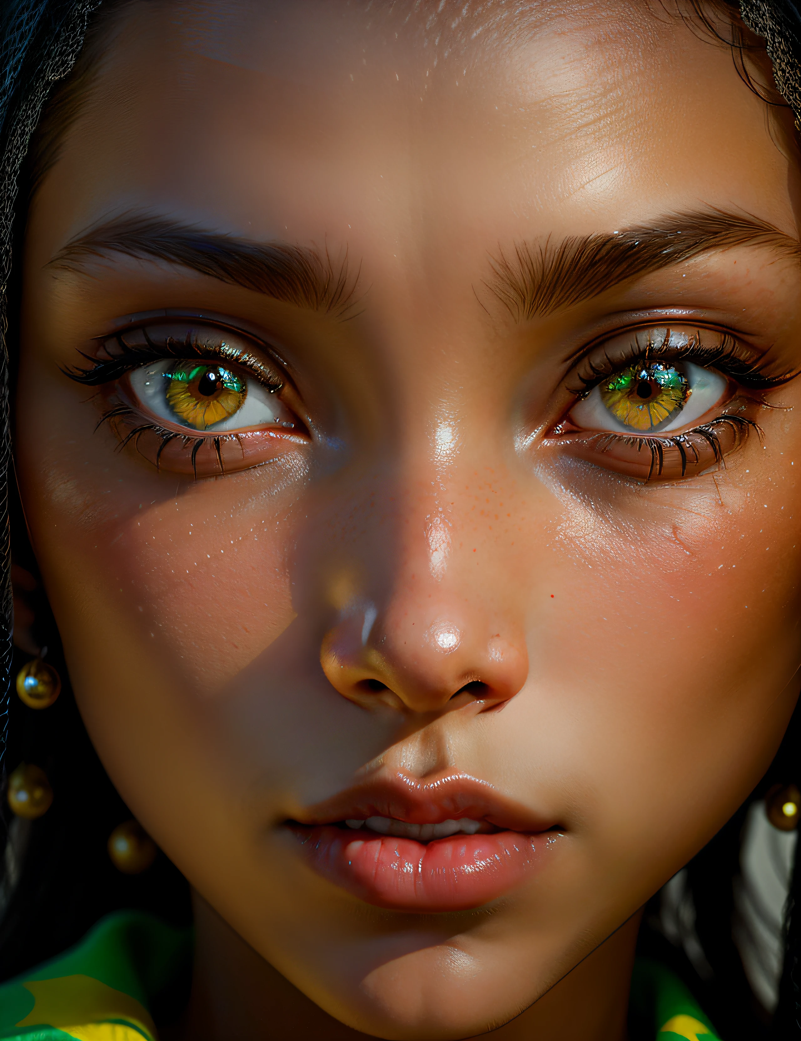 "Describe a girl with a delicate face and African features. His green eyes are the highlight, being well detailed and expressive. The irises have vibrant shades of light brown, with a golden ring around the pupil. The eyelashes are long and curved, further enhancing the charming look. Her eyebrows are precisely defined, with well-groomed and arched hair, highlighting the facial expression. The makeup is soft, enhancing the girl's natural beauty. Her skin is flawless, with a smooth and luminous texture. The lips are delicate and proportional, with a soft and natural color. The image should be captured in high definition, providing a faithful representation of the girl in realistic photographic style." "type": "photograph", "art_styles": "realistic", "art_inspirations": "portrait photography, fashion photography", "camera": "Canon EOS R5", "shot": "close-up", "render_related_information": "The image must be captured with extreme precision and detail. Use soft, diffuse lighting to highlight the subtle details of the girl's face. Capture the texture of the hair, highlighting the reflections in the dark and curly strands. Pay attention to the smallest details, such as the curvature of the eyelashes, the sparkle in the eyes and the softness of the lips. The focus should be on the eyes, conveying all the expressiveness and depth of the girl's gaze. The image should convey a sense of realism and authenticity, accurately portraying its unique and charming features --auto