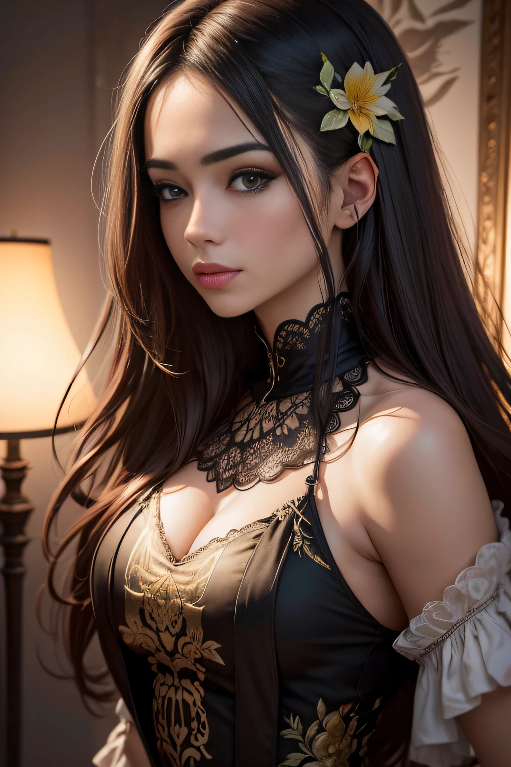 (Foto RAW, melhor qualidade), (realista, fotorrealista: 1,3), melhor qualidade, altamente detalhado, obra-prima, ultra detalhado, illustration, Uma garota , parte superior do corpo, dinamic angle, obra-prima mundial, messy long hair, melhor qualidade, extremamente detalhado Unidade de papel de parede 8k , pintura, Awesome, cinematic lighthing, reflexo de lente, 
roupa estilo oriental , luxuosa , epoch , nobreza , intimate , fundo parede de pedras antigas , castelo da nobreza ,