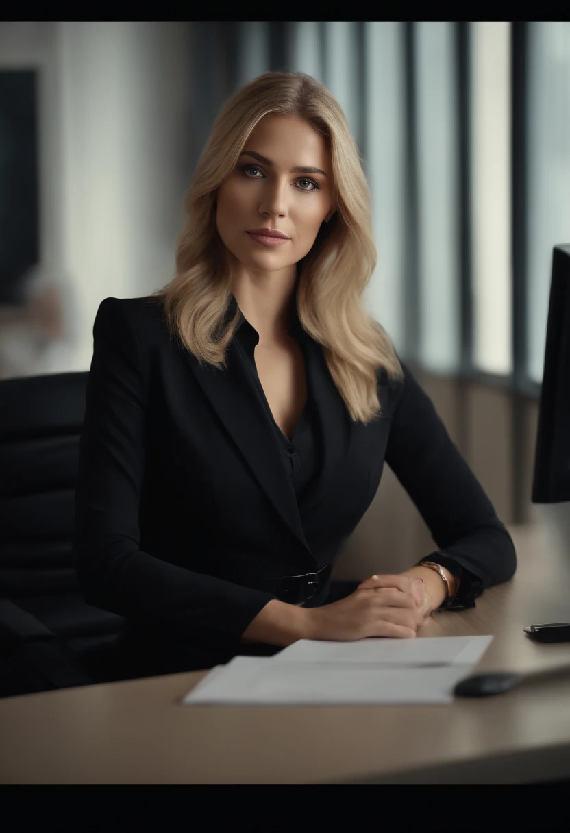 professional, (4k photo:1.1), high detail, wearing black business dress, beautiful detailed face, hazel eyes, not too long blonde hair, body shape, office board room with desk, windows