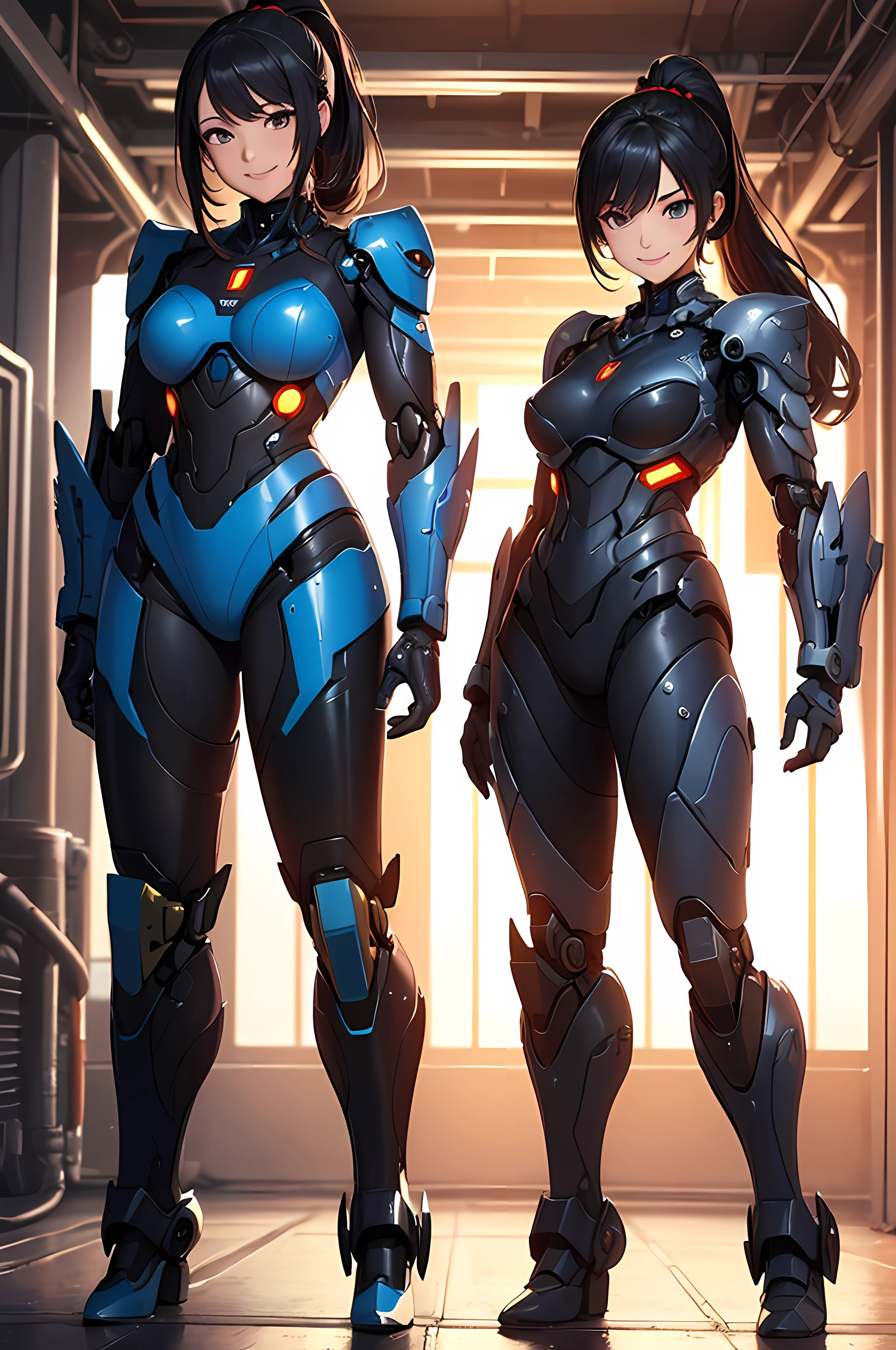 A beautiful Women, ( Queen), ((sci-fi, body armor, futuristic, full body frame, smile, mecha suit )), royal, beautiful face, black color hair, ponytail hairstyle, blue details, attack pose