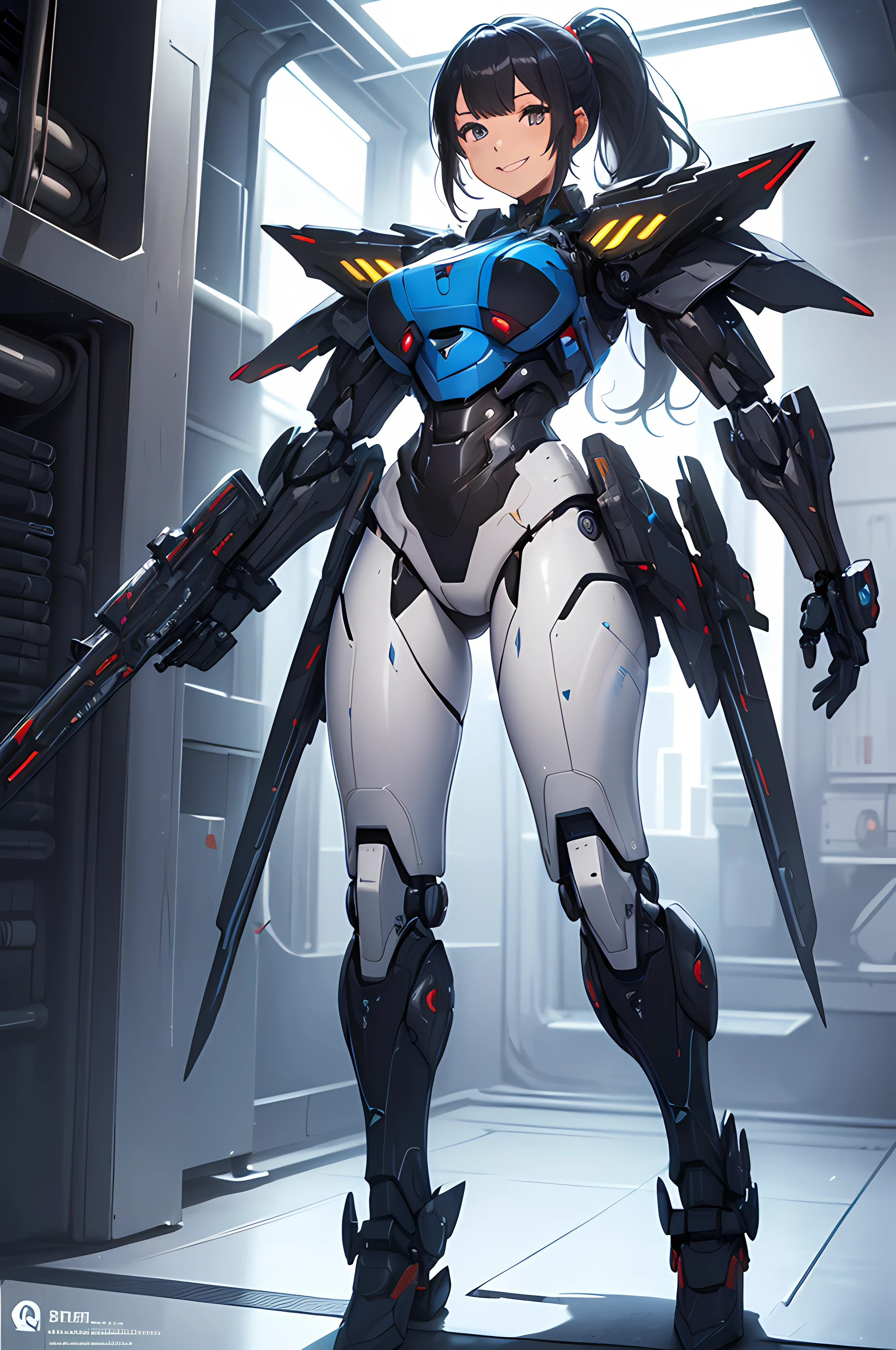 A beautiful Women, ( Queen), ((sci-fi, body armor, futuristic, full body frame, smile, mecha suit )), royal, beautiful face, black color hair, ponytail hairstyle, blue details, attack pose