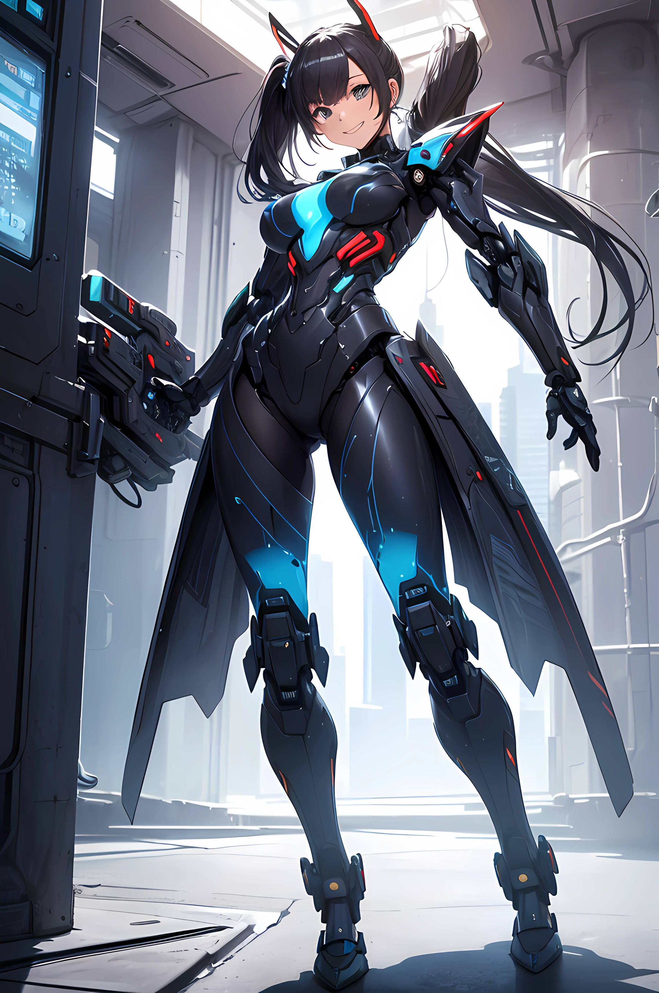 Non humanoid robot, robot girl, long_black_hair, face mask, full body armor, blue skin, demon, long_tail, chubby_female,red_eyes, spikes, claws, thicc_thighs , city _background