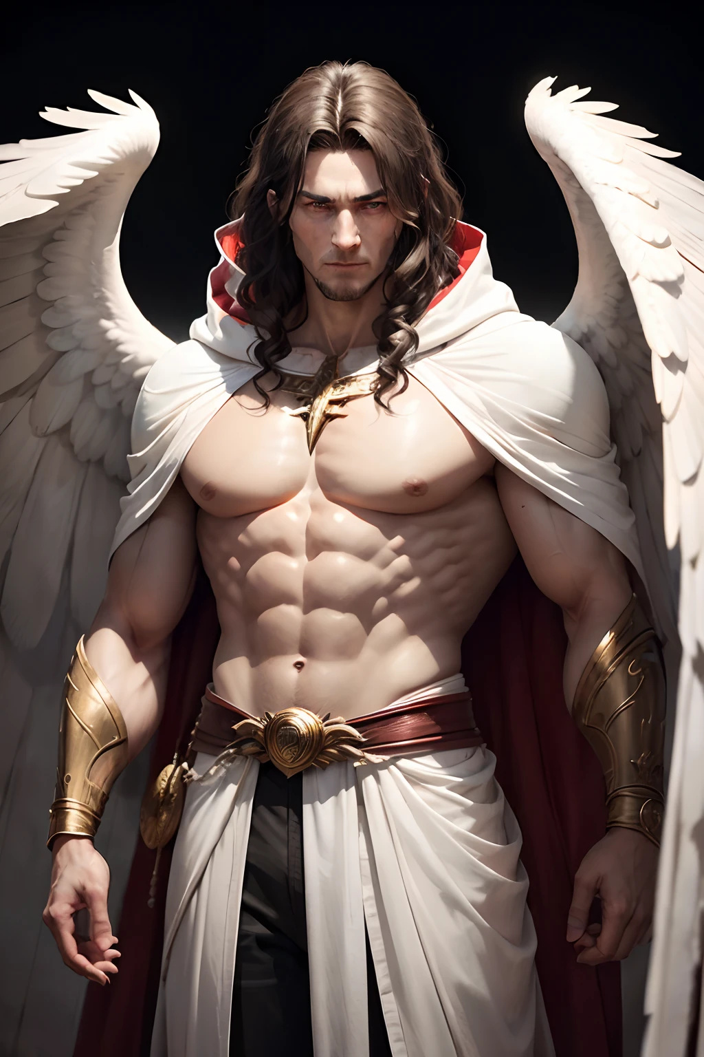 is a mysterious and powerful man with a pair of wings growing out of his back. He gives an equally angelic and monstrous impression. He has elemental powers, can fly, and will revive if killed, after a time. He gets his physical strength and stature from an unholy source, so his skin is numb and doesn't feel much, and holy or sacred power burns him. He is immune to dark or shadow powers and fire, and fire is even a power source that he can absorb.
He wears a set of thin, white robes over his body, with special sleeves for his wings, a pair of white trousers, and a hood.
He is very tall, 7'3", with a robust musculature on his medium build. His skin is quite pale, just barely within the range of normal skin tone, with innumerable lines of scars running over it. He has strong, sharp claws on his fingers and toes. His wings are large and covered in brown feathers, resembling an eagle's wings. Under his hood he has kind but intense red eyes, and his hair is long, brown, and wavy.