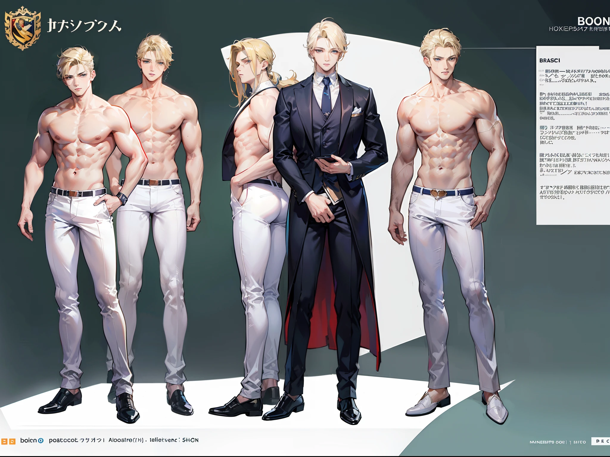 ((Masterpiece, Highest quality)), Detailed face, character design sheet,full bodyesbian, Full of details, frontal body view, back body view, Highly detailed, Depth, pectoral muscles, abs, Many parts, Muscle boy with long blonde hair with long bangs,handsome man, muscle body, white outfit male, man tall, nobleman, aristocratic, elegant, neat