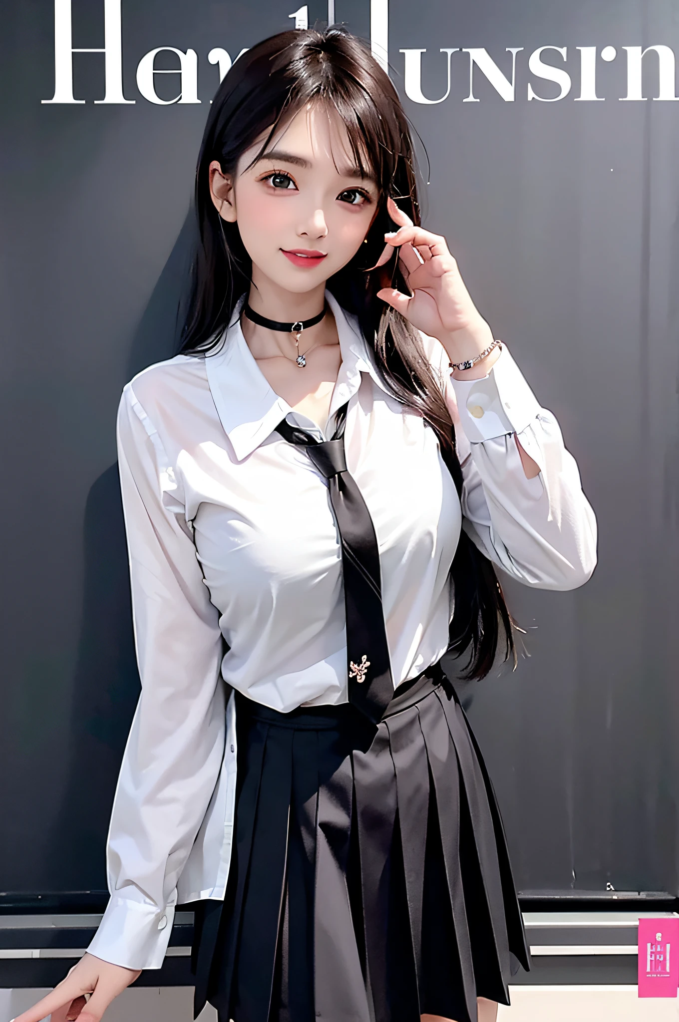 masterpiece, best quality, full body, 1girl, bangs, black choker, black necktie, black hair, blue skirt, blush, bracelet, breasts, choker, clothes around waist, collarbone, collared shirt, cowboy shot, dress shirt, ear piercing, eyebrows visible through hair, gradient hair, grin, gyaru, jewelry, kogal, long hair, looking at viewer, loose necktie, necktie, piercing, plaid, plaid skirt, pleated skirt, red eyes, ring, school uniform, shirt, skirt, smile, solo, white shirt, street, sky, cherry blossoms, petals,illustration, (magazine:1.3), (cover-style:1.3), fashionable, woman, vibrant, outfit, posing, front, colorful, dynamic, background, elements, confident, expression, holding, statement, accessory, majestic, coiled, around, touch, scene, text, cover, bold, attention-grabbing, title, stylish, font, catchy, headline, larger, striking, modern, trendy, focus, fashion,