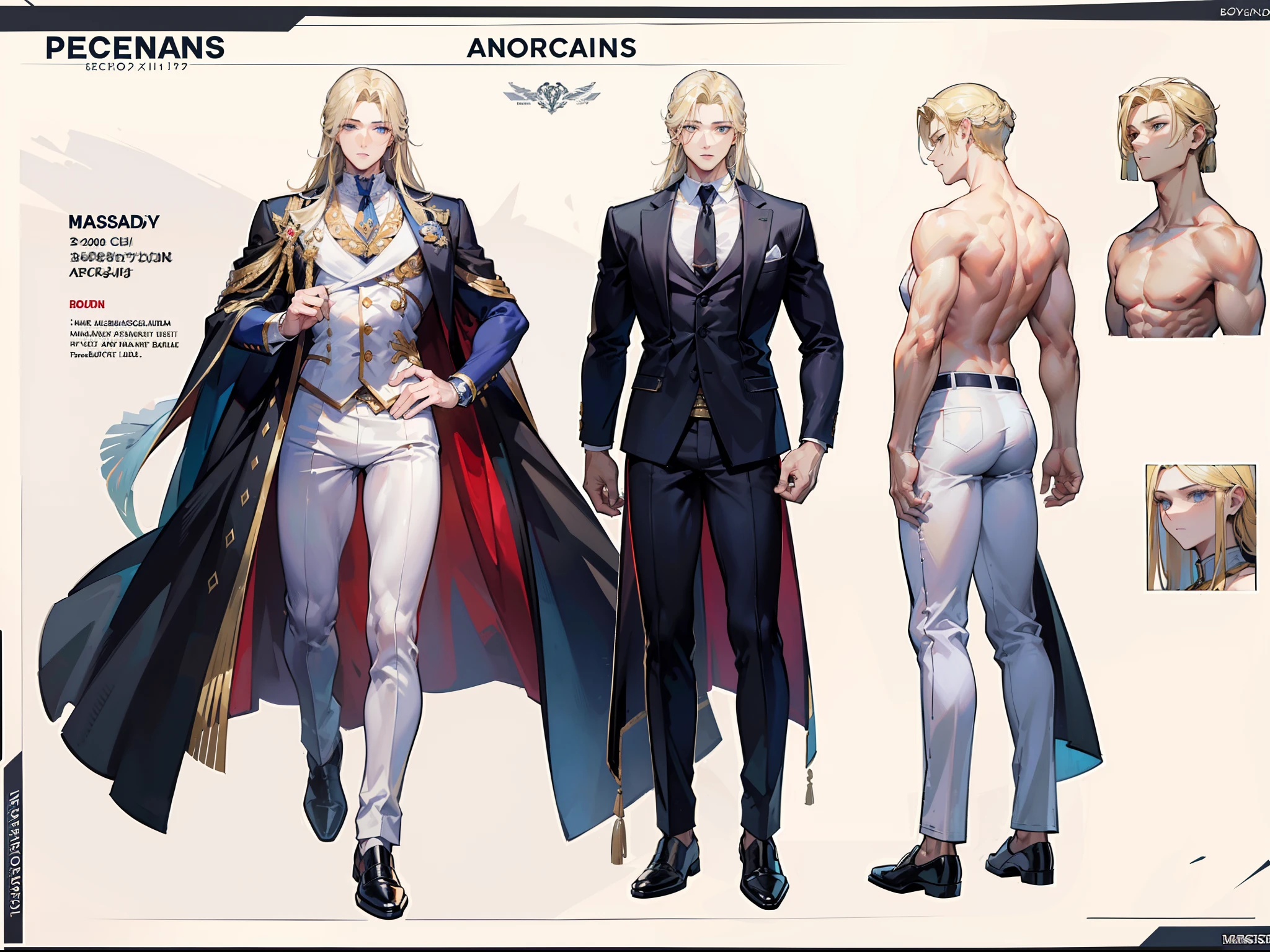 ((Masterpiece, Highest quality)), Detailed face, character design sheet,full bodyesbian, Full of details, frontal body view, back body view, Highly detailed, Depth, pectoral muscles, abs, Many parts, Muscle boy with long blonde hair with long bangs,handsome man, muscle body, white outfit male, man tall, nobleman, aristocratic, elegant, neat