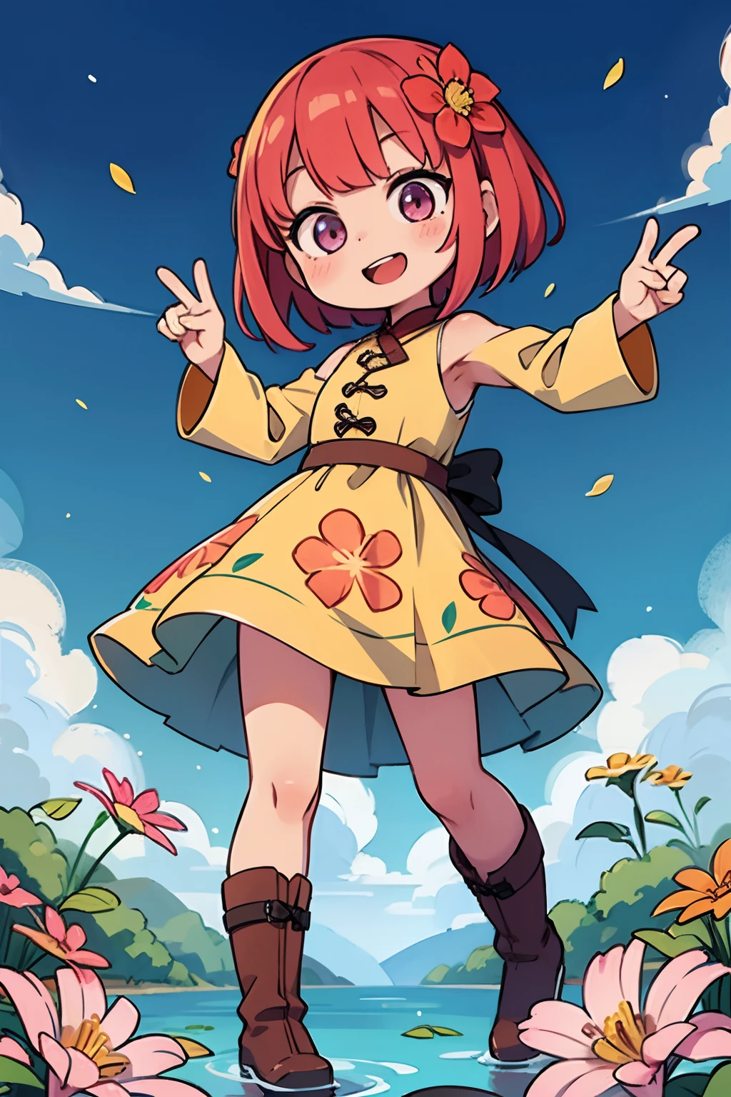 Stand in front of the photo、1girl in,Full body,a short bob, rainbow color Hair,long boots,Open mouth and big smile、Water droplets on the cheeks、kawaii pose、Flowing iridescent silk、up of face、Eye Up、Colorcon with heart pattern、Floral dress、There are flowers even in front of you、flower petals、season!!: 夏天☀ 🍂