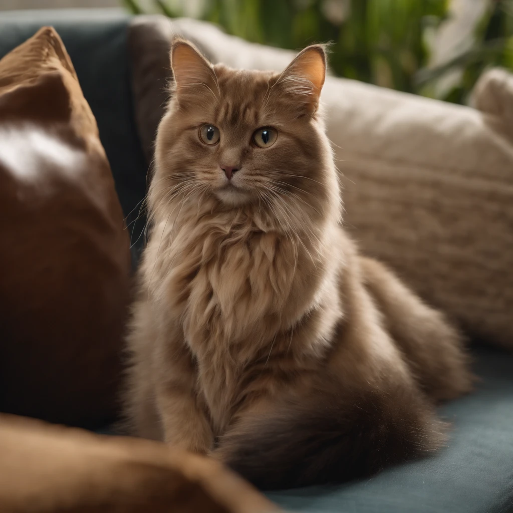 Obra-prima foto de um gato lindo e fofo encima de um pequeno sofa PET DE LUXO EM UM ESTUDIO FOTOGRAFICO FUNDO bege, com coleira em couro: 1.6, marrom com pingente em diamante: 1.8, master part, best quality, extremamente detalhado, Cinematic lighting, Pelos e olhos detalhados, 8k, Realistic, Premiado, fotografia