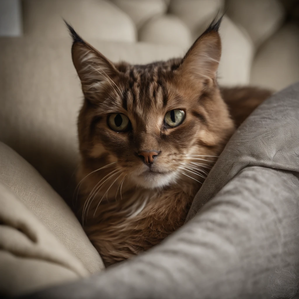 Obra-prima foto de um gato lindo e fofo encima de um pequeno sofa PET DE LUXO EM UM ESTUDIO FOTOGRAFICO FUNDO bege, com coleira em couro: 1.6, marrom com pingente em diamante: 1.8, master part, best quality, extremamente detalhado, Cinematic lighting, Pelos e olhos detalhados, 8k, Realistic, Premiado, fotografia
