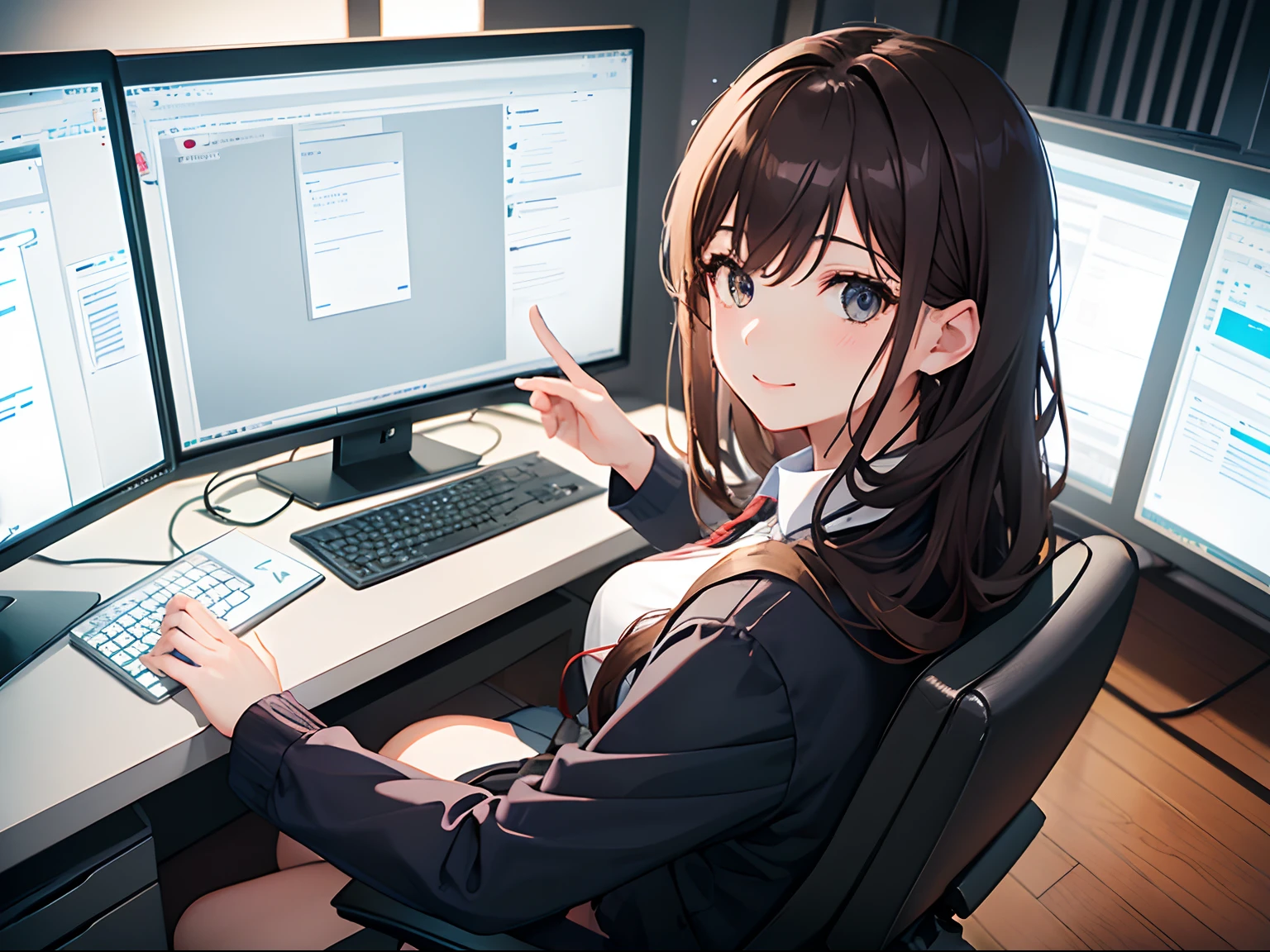 1girl in,s Office、Girl sitting on seat operating computer、((Large screen iMac)), 20yr old、Fashionable、photographed from the back、(From  above), ((a closeup:1.2))、The upper part of the body、Turned、A smile、Brown hair、semi long hair、Business suits