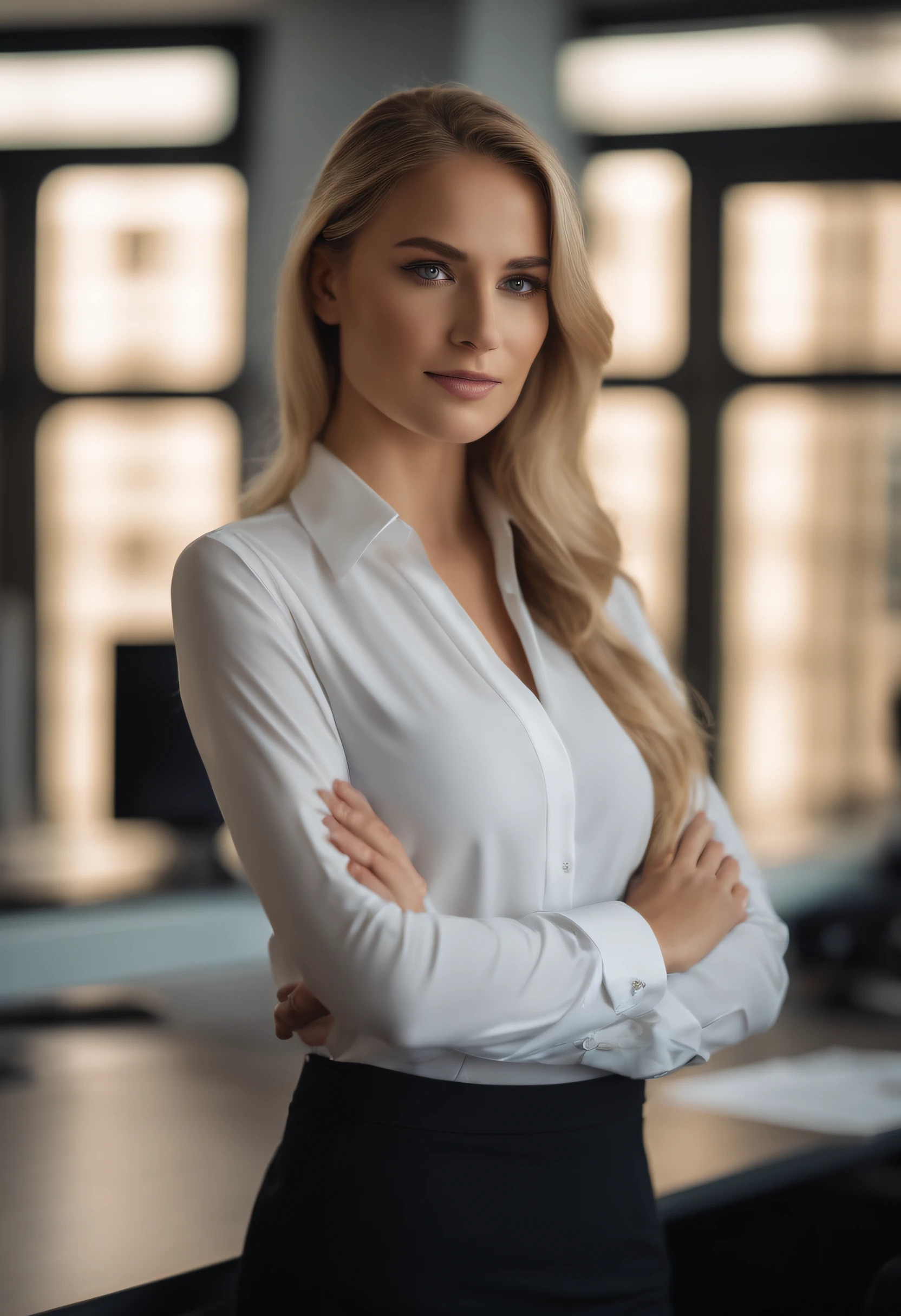 professional, (4k photo:1.1), high detail, wearing black business dress, beautiful detailed face, hazel eyes, not too long blonde hair, body shape, office board room with desk, windows