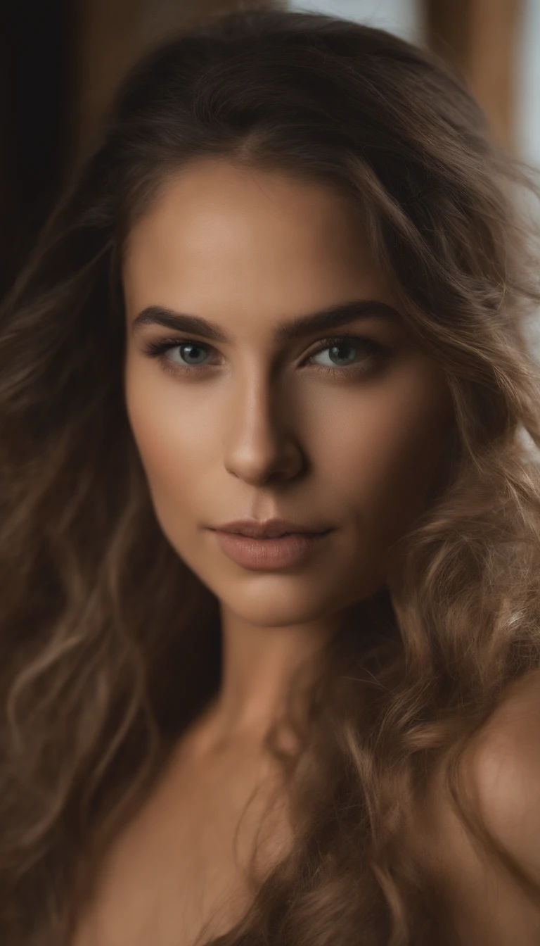 Arafed woman with exposed breasts, fille sexy aux yeux bruns, Portrait Sophie Mudd, cheveux bruns et grands yeux, selfie of a young woman, Yeux de chambre, Violet Myers, sans maquillage, maquillage naturel, looking straight at camera, Visage avec Artgram, Maquillage subtil, Superbe photo du corps entier, dans la chambre, topless