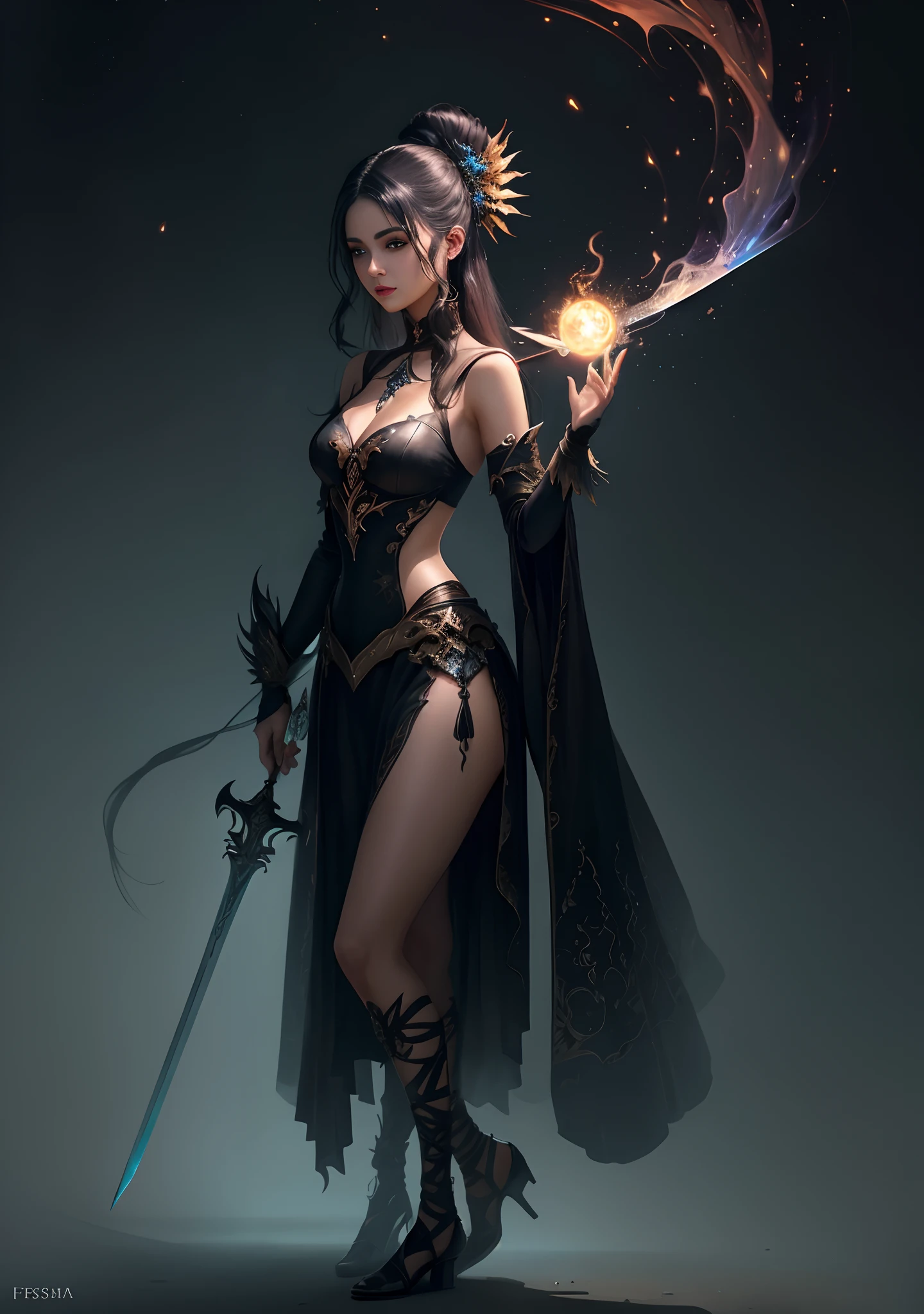 um close up de uma mulher em um vestido preto segurando uma espada, arte de estilo fantasia escura, epic exquisite character art, epic fantasy HD art style, Epic Fantasy Digital Art Style, por Yang J, design de personagens de fantasia sombria, arte do personagem de fantasia, Epic fantasy art style, epic mage girl character, epic fantasy character art, arte de fantasia de alta qualidade, arte de personagem impressionante