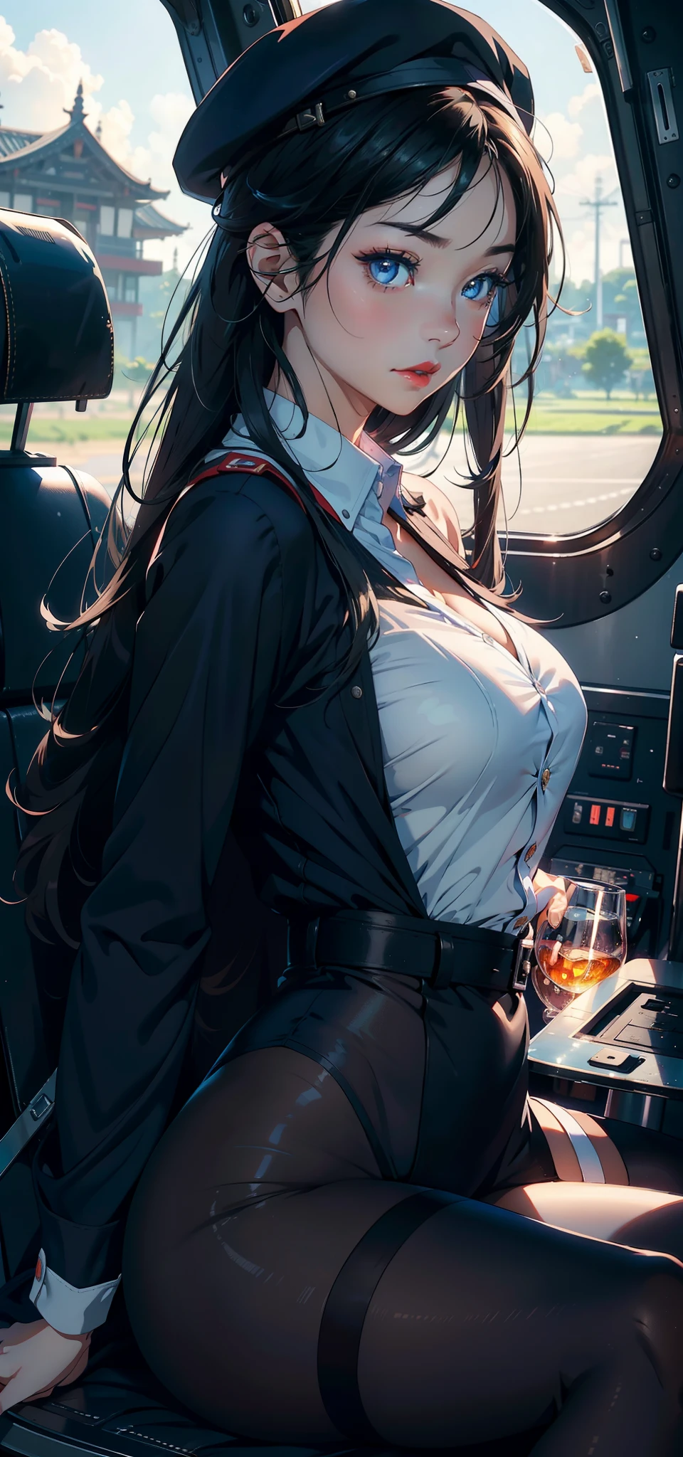 1womanl,33yo,熟妇,Bigchest,Raised sexy,Pornographic exposure, 独奏,Beauty contests,standing on your feet(Background with:aerodrome,ln the forest,Planes,)in an airplane, She has short black hair,bobo head,Redlip,裸体少女,dynamicposes,seen from the front, hair straight, mostly cloudy sky,(((tmasterpiece),(Very detailed CG unity 8K wallpaper),best qualtiy,cinmatic lighting,detailed back ground,beatiful detailed eyes,Bright pupils,(Very fine and beautiful),(Beautiful and detailed eye description),Blue eyes,Redlip,ultra - detailed,tmasterpiece,)),facing at camera,(The upper part of the body),A high resolution,ultra - detailed),revealing breasts,Bare genitalia, Bulge,legs are open,sexyposture,Camel toes,Flushed complexion,Open-mouthed,frontage,stewardess,beret(Wearing:White transparent flight attendant uniform,Black pantyhose)