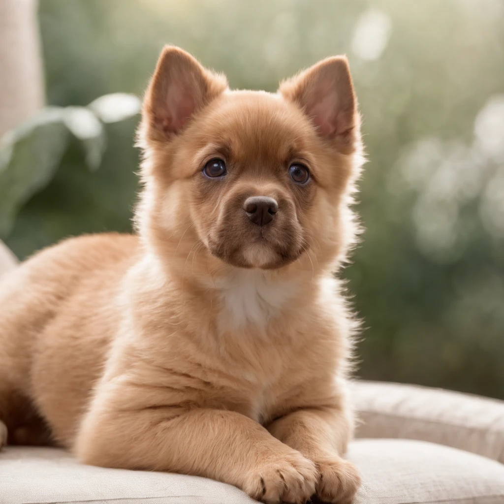 Gato, CRIE UMA FOTO DE um cachorro lindo e fofo EM CIMA DE UM pequeno sofa PET DE LUXO EM UM ESTUDIO FOTOGRAFICO FUNDO bege, com coleira em couro marrom com pingente em diamante,, master part, best quality, extremamente detalhado, Cinematic lighting, Pelos e olhos detalhados, 8k, Realistic, Premiado, fotografia