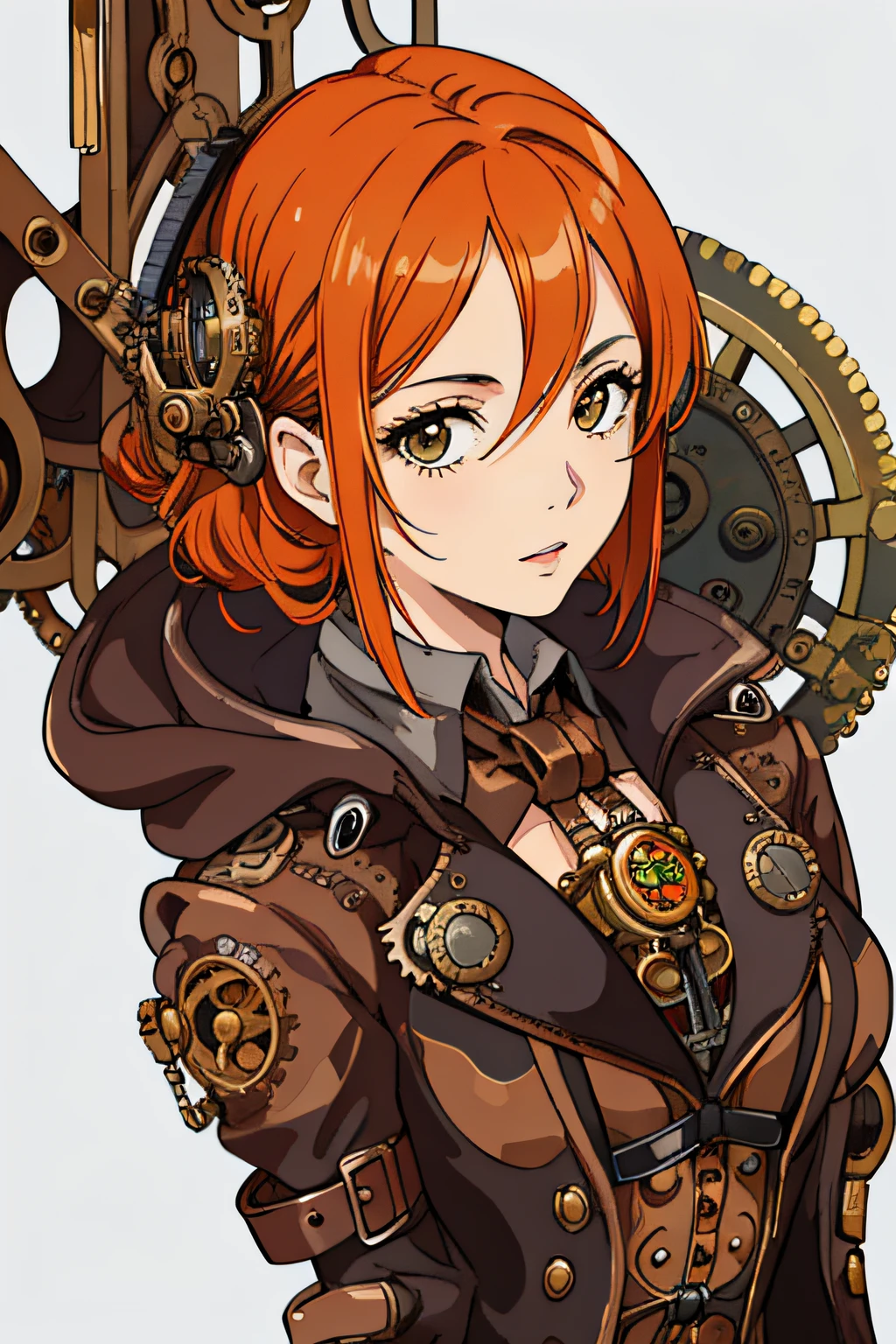 1girl, close-up, detalhes intrincados, (steampunk:1.4), Mulher com cabelos ruivos, 'Ramona Flores', cabelo laranja espetado, orange hair, cabelo de gengibre, cabelo curto de cobre